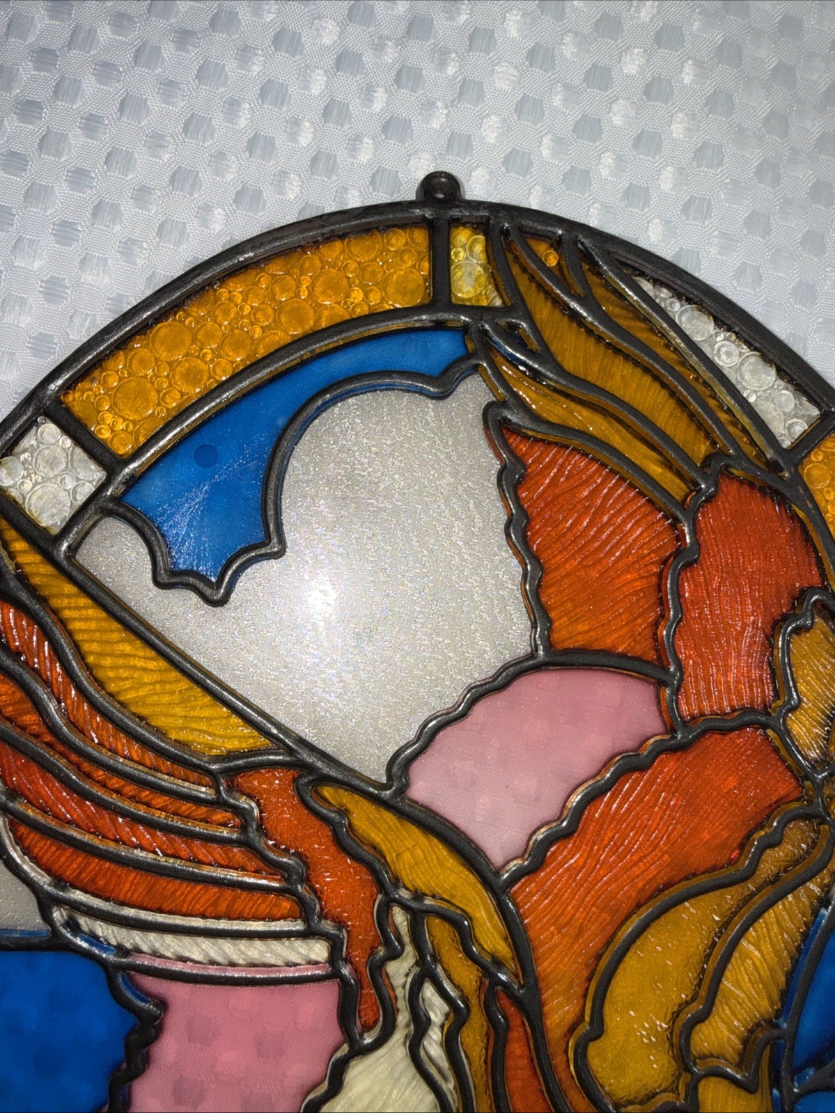 Vintage 15.5” Stained Plastic Flying American Bald Eagle Blue Sun Catcher Oval