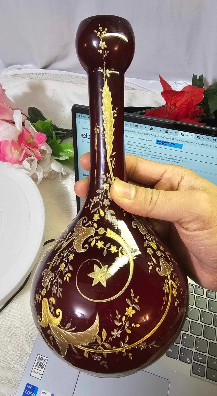 Moser? Stunning Moser Style Dark Red Art Glass Raised Gold Vase White case -READ