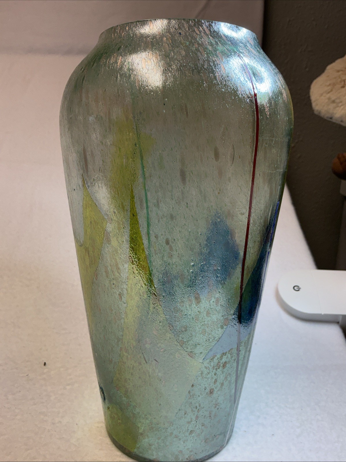 Mod Art Dichroic Glass Vase 10.5″H by CHROMA Collection Blue Yellow Seeded 12 .