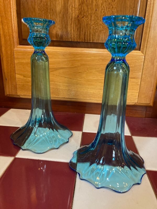 Tiffin Glass/U.S. Glass Blue #310 Candleholders circa 1910-1930s