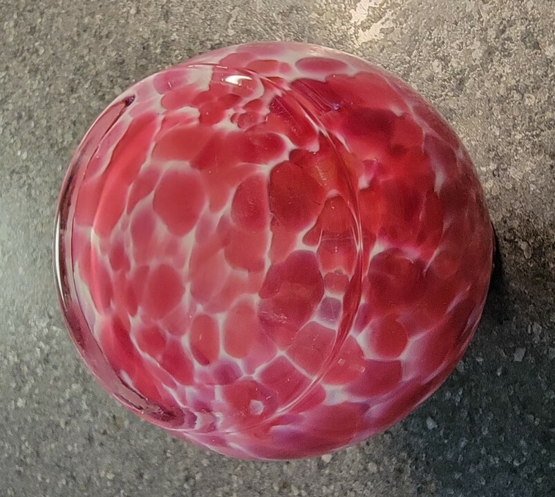 Vintage Art Glass Pink Marble Spatter Cased Glass Vase, 3.75″ Tall
