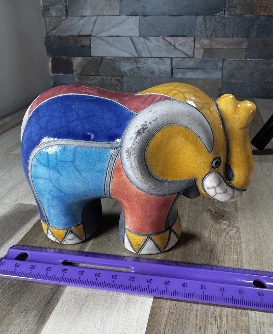 Vintage Raku Pottery Elephant South African Signed Blue Yellow
