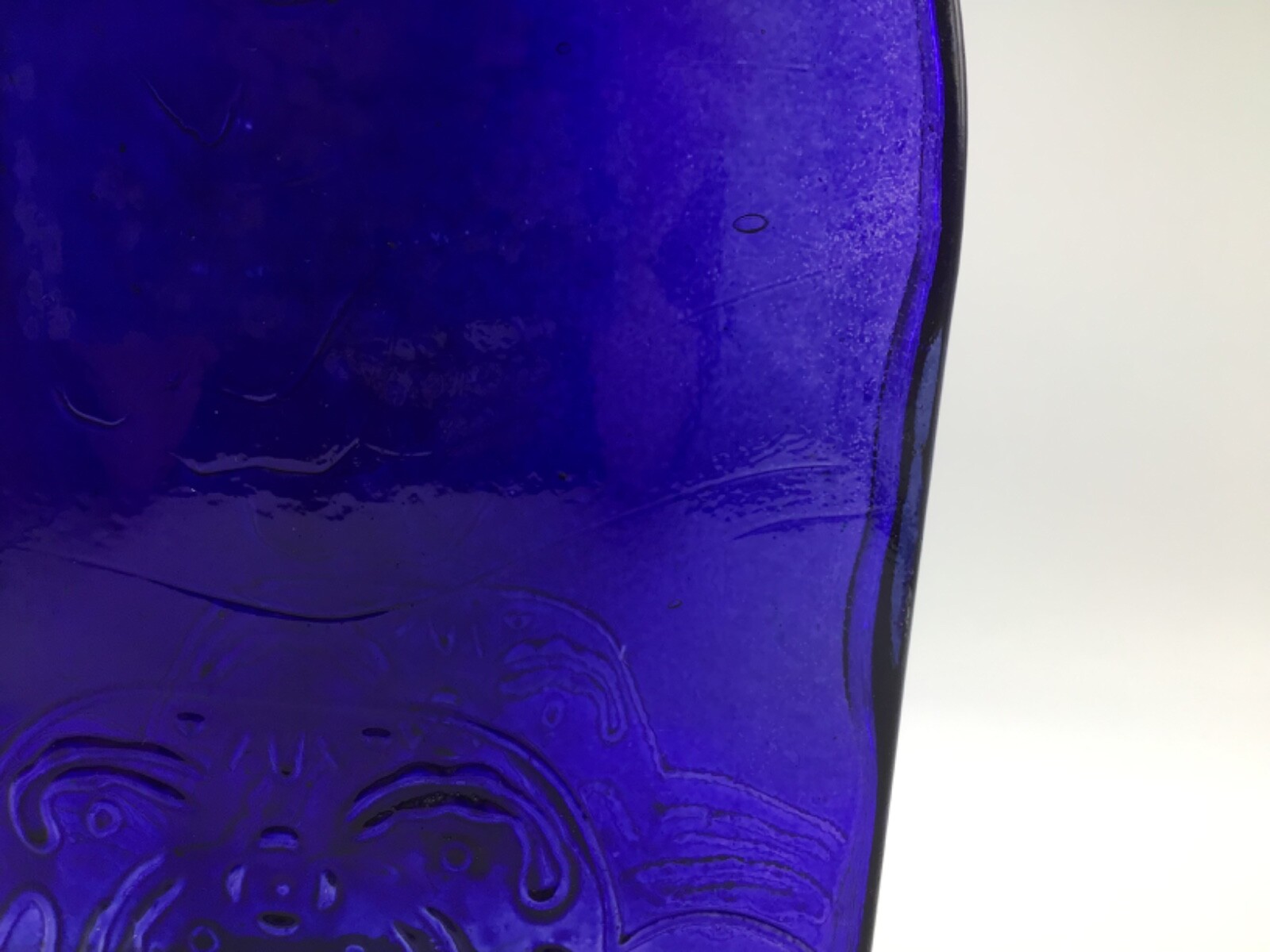 Cobalt Blue Glass Embossed European Bottle Floral/Art Motif 8.5 inches