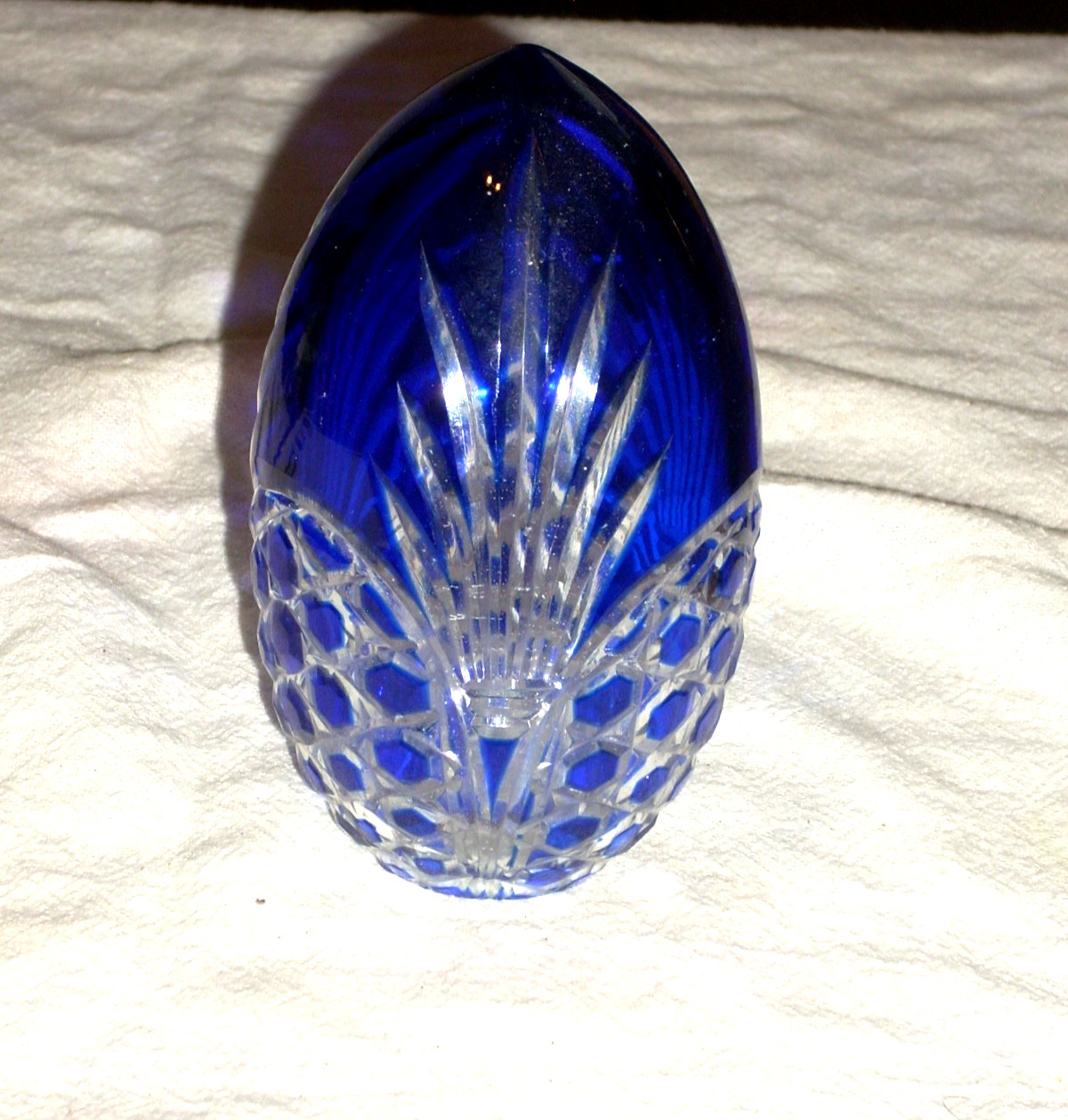 Bohemian Style Cobalt Blue Cut to Clear Glass Egg Paperweight 4-1/2″ Vtg Easter