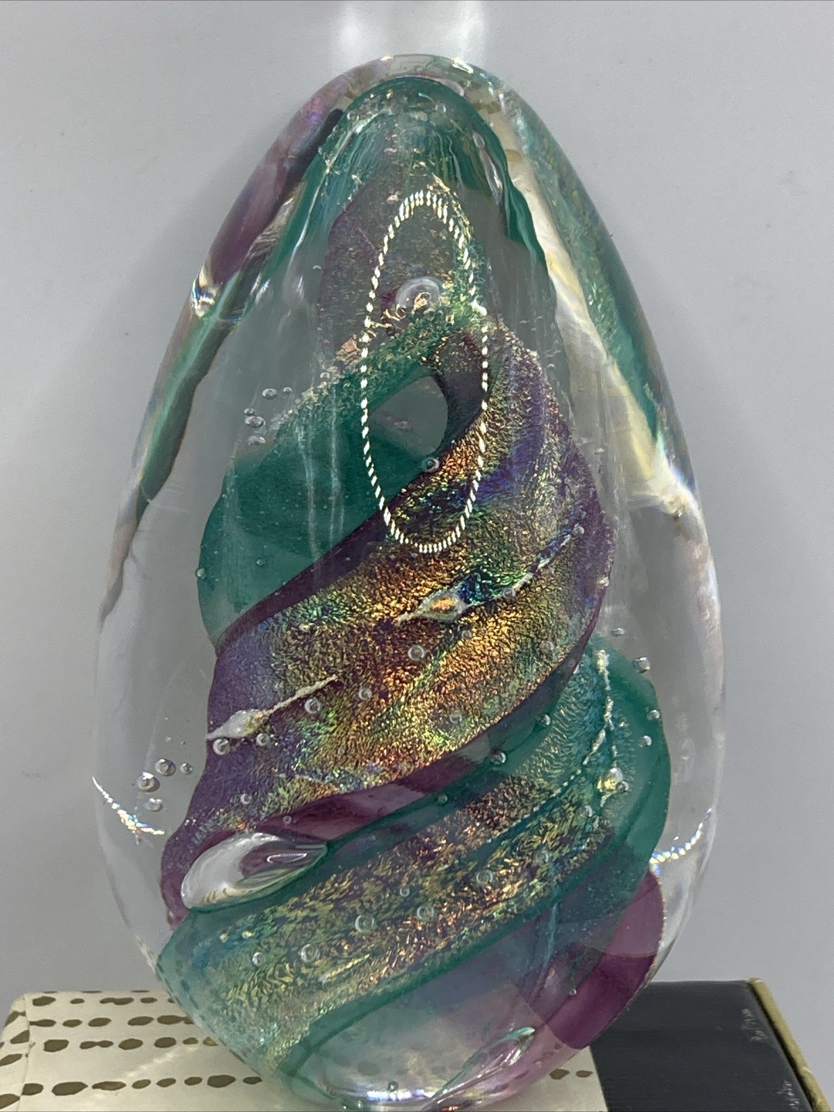 Black Sheep Glass Dichroic Iridescent Swirl Egg Paperweight Signed BSG 2001