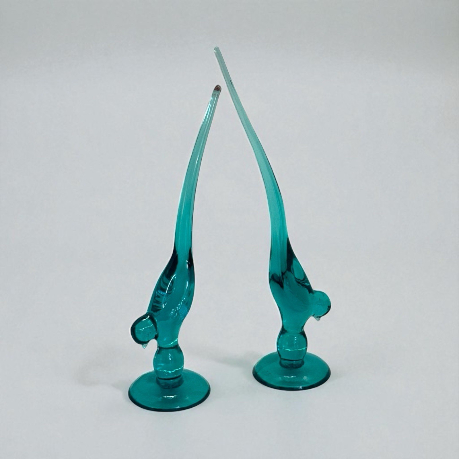 Lot Of 2 Vintage Long Tail Birds Turquoise Glass 9 3/4″ & 11 1/2″