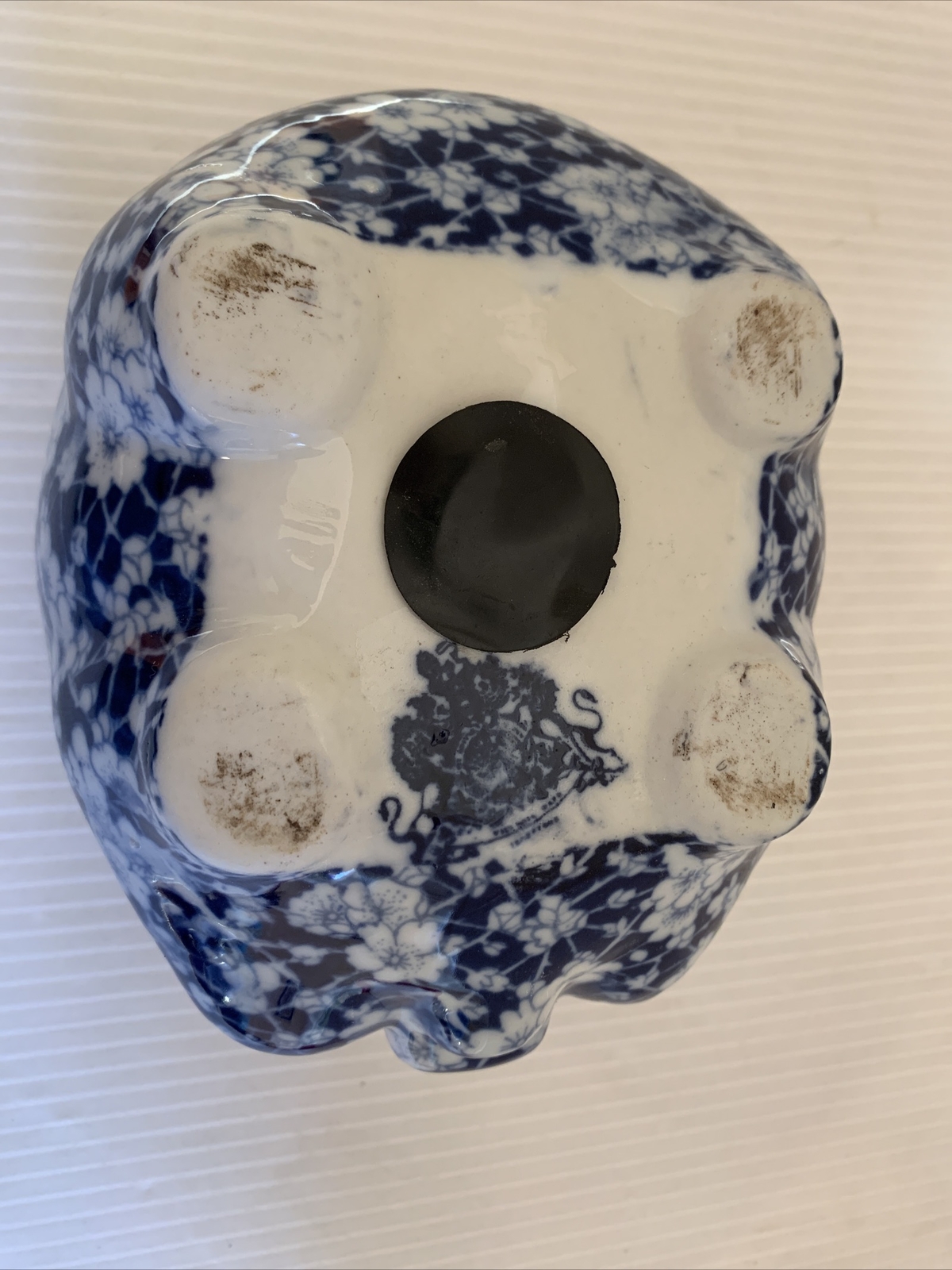 Vintage VICTORIA WARE IRONSTONE Blue White Floral Calico Pattern Piggy Bank EUC