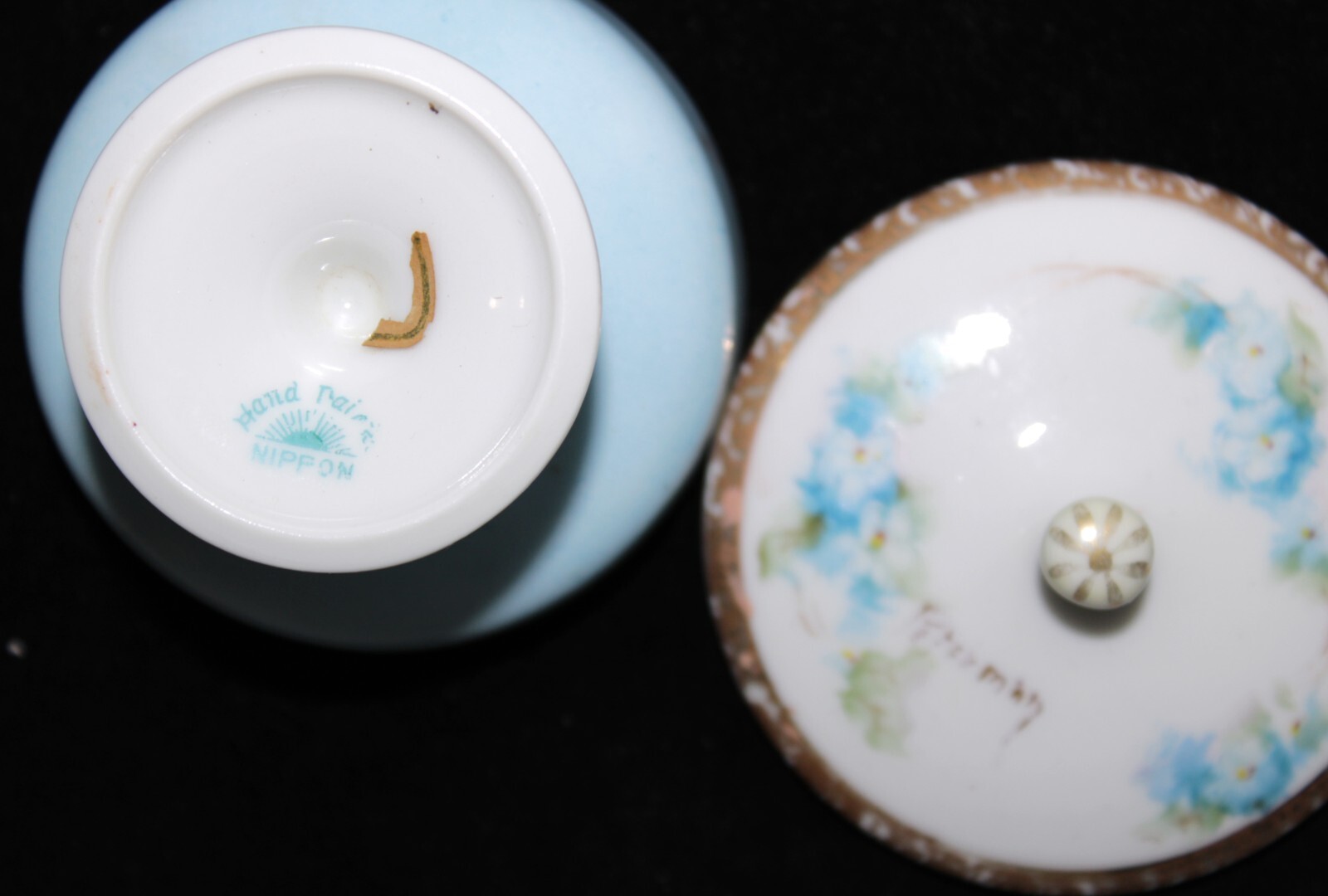Nippon Porcelain Compote Dish Blue Flowers Signed Blue Sun Logo