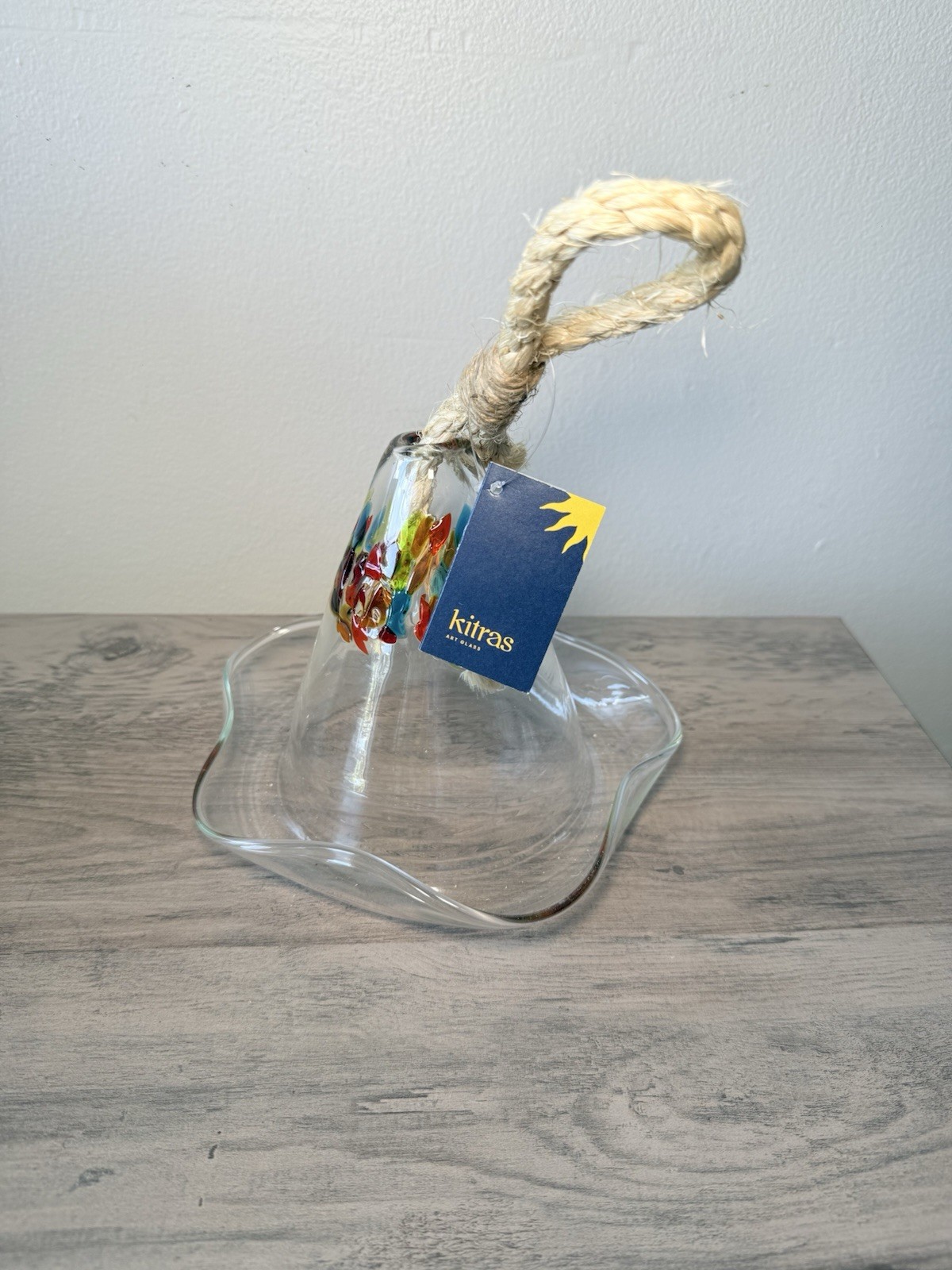 Hand Blown Art Glass Bell Ornament Clear Multicolor Swirls Ruffled Edge Rope