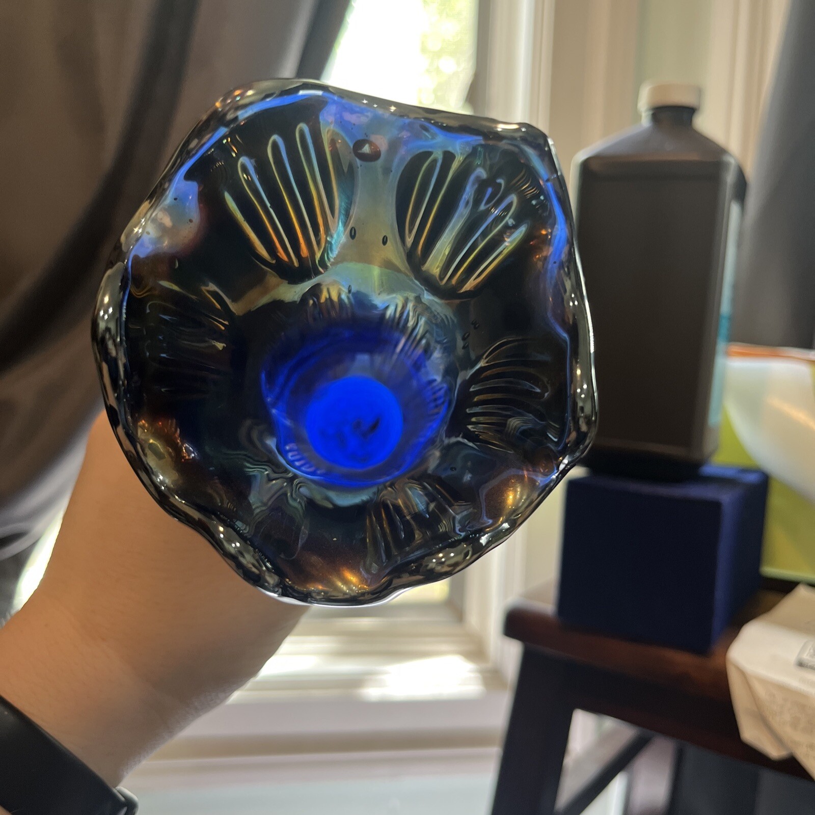 Vintage Fenton Diamond & Rib Cobalt Blue Carnival Glass Swung Vase Apprx 10 3/4”