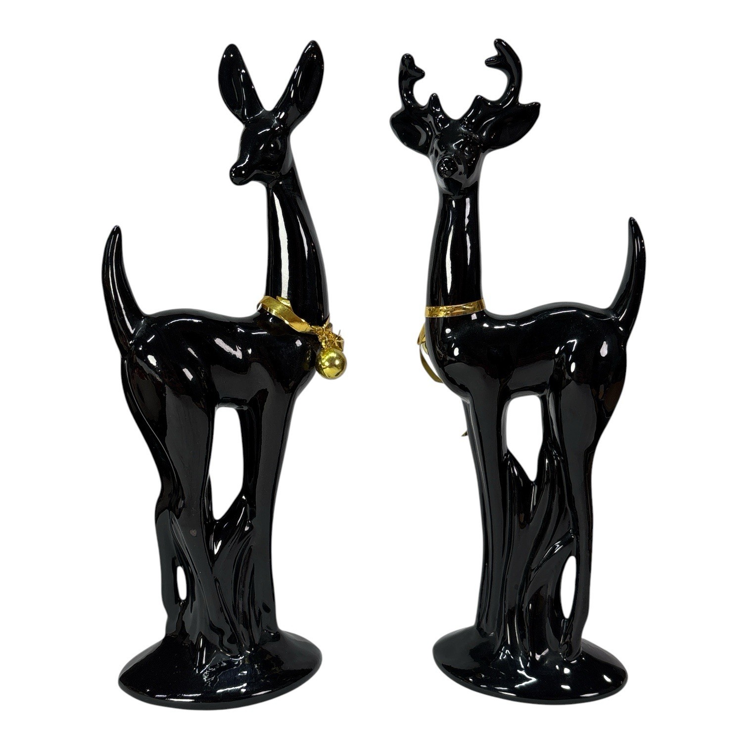 Vintage 12″ Black Ceramic Doe and Buck Deer Figurine Set Christmas Holiday MCM