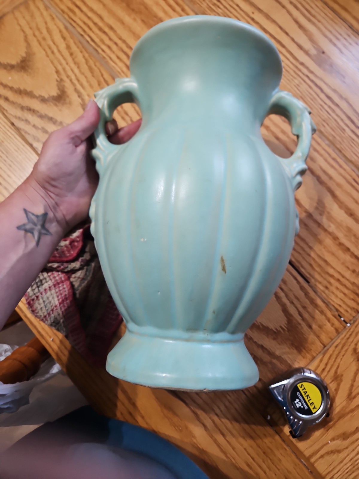 Vintage McCoy – Two Handle Vase – Matte Robins Egg Blue – 12″ tall – Great Cond.