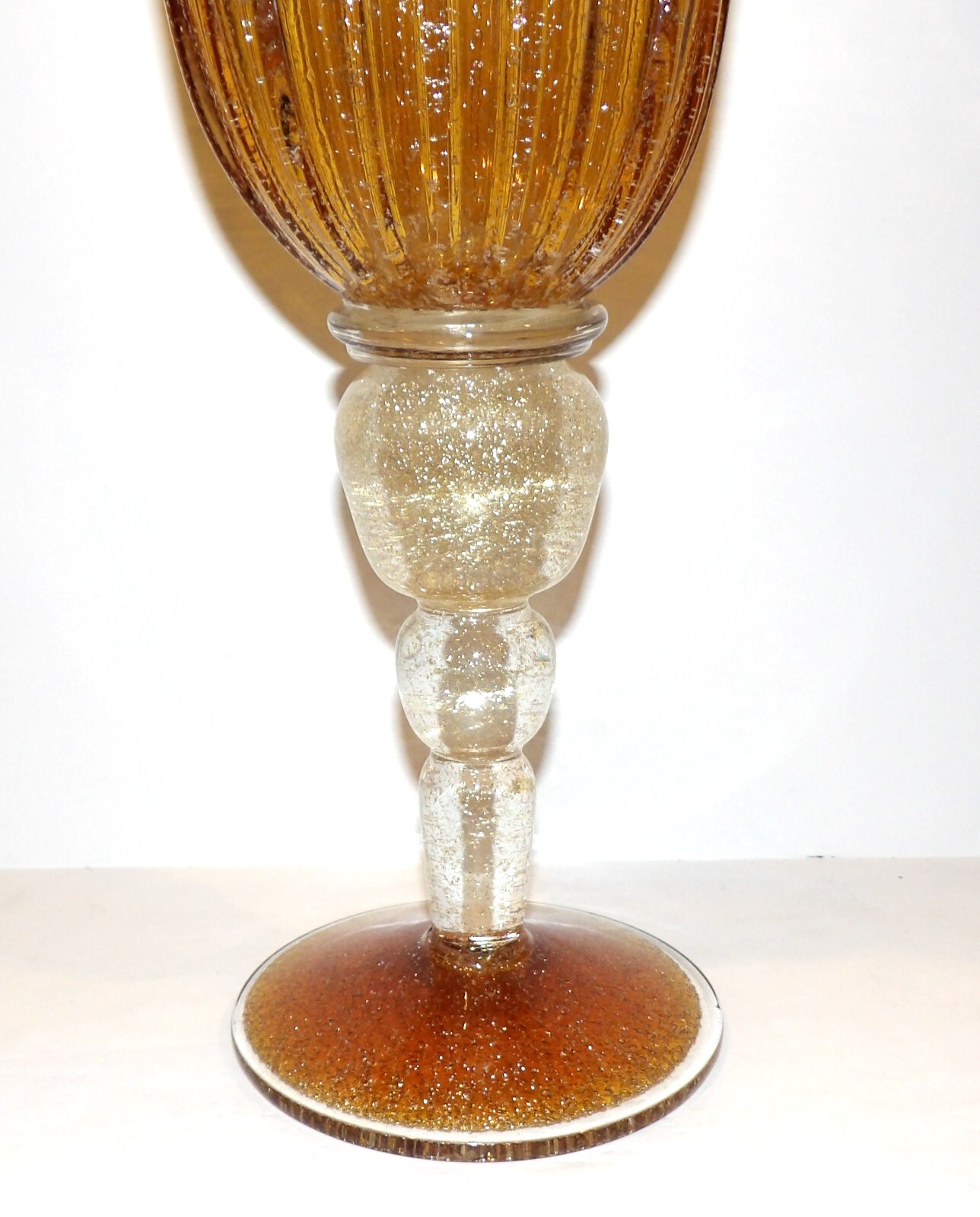 MASSIVE MURANO STYLE ART GLASS AMBER & CLEAR GOLD AVENTURINE 20″ STATEMENT VASE