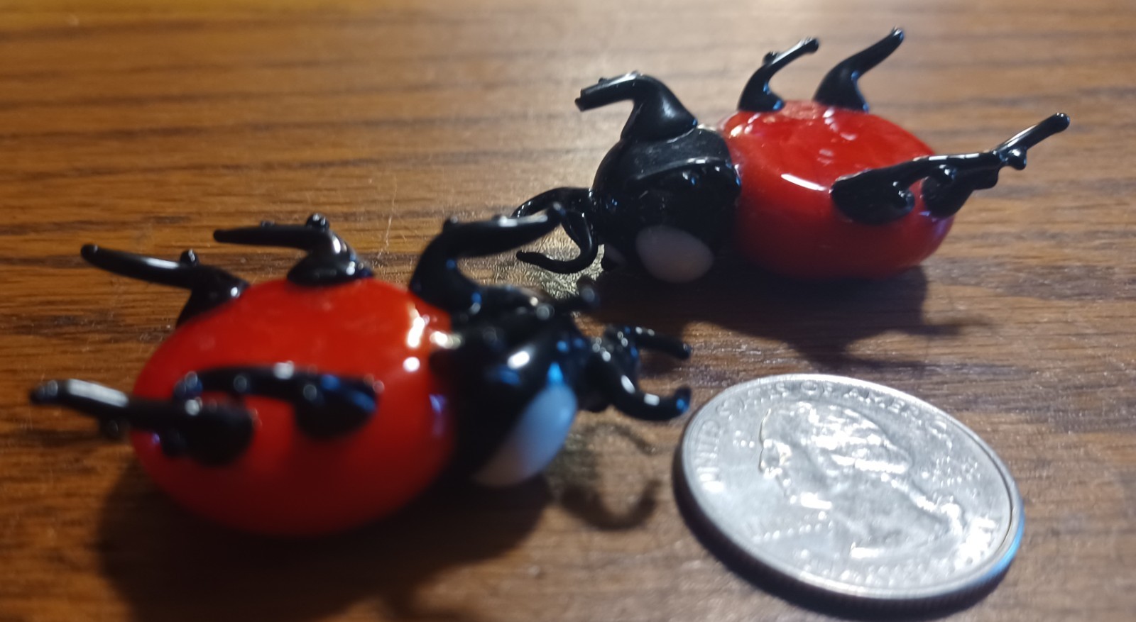 Vintage Hand Crafted 5 Blown Glass Red Polka Dot Lady Bug Art Beetle Bug 2 Wood