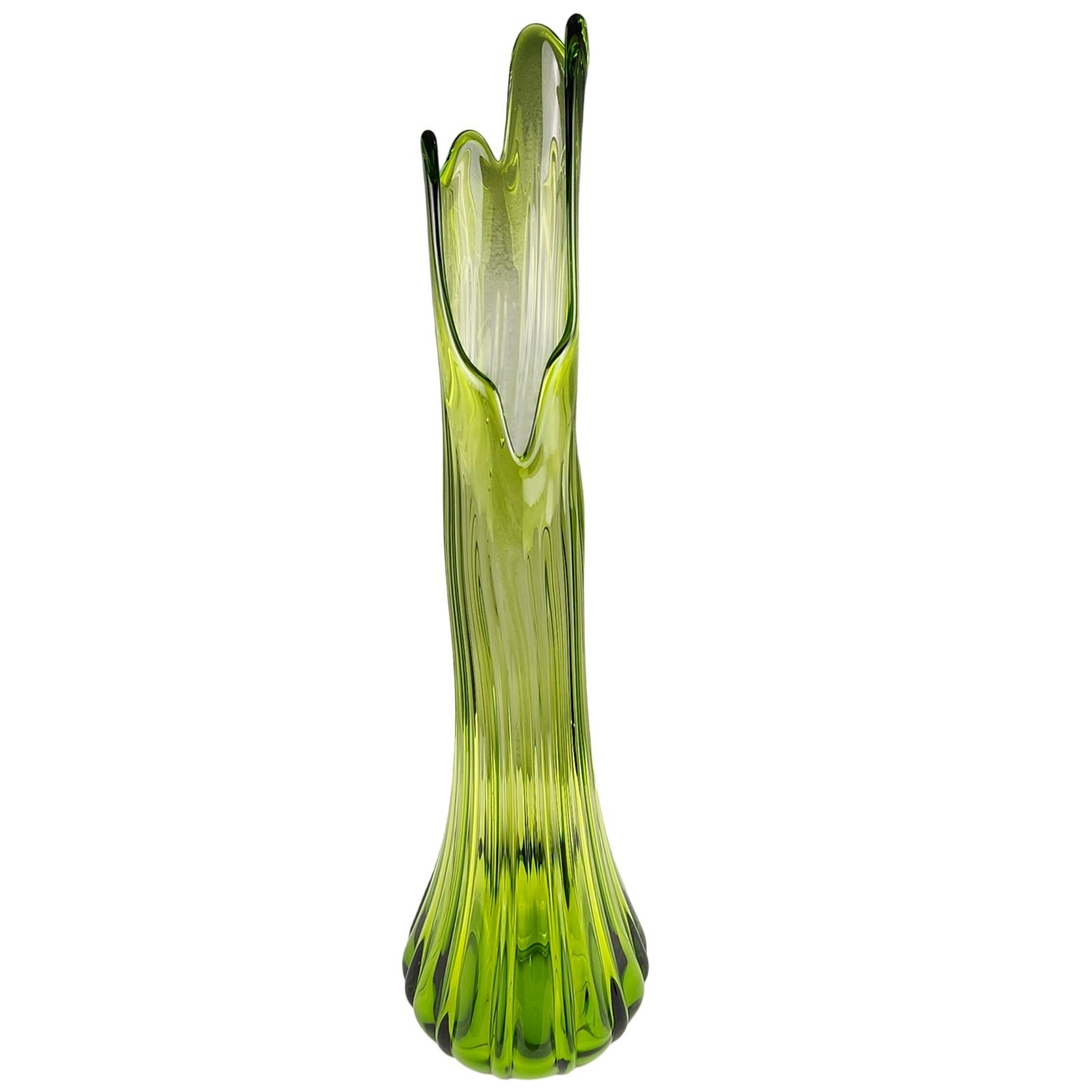 VTG L.E. Smith Swung Vase 25″ Tall Avocado Green Ribbed Glass Fat Bottom MCM