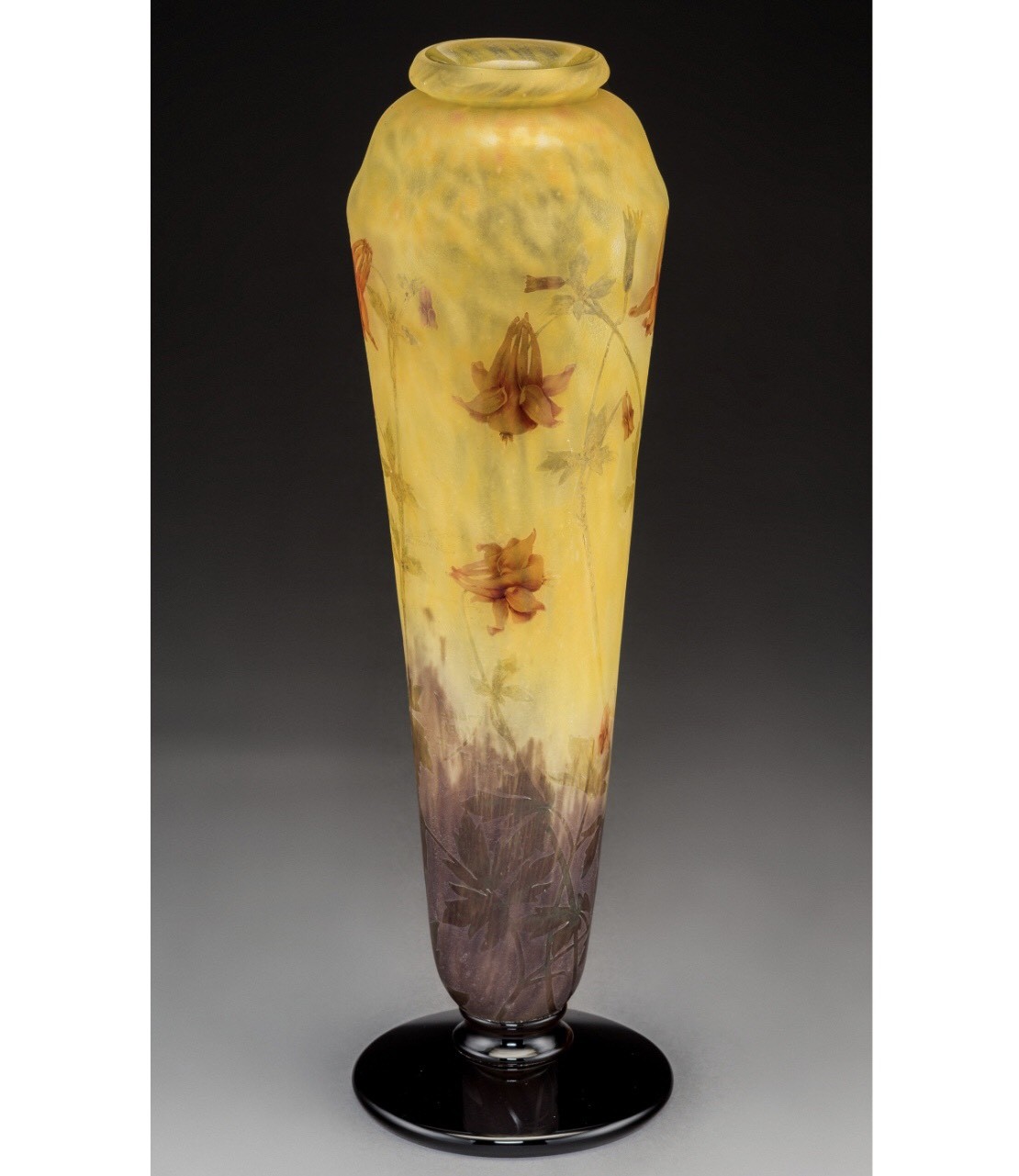 Large 19” Daum Nancy Enameled and Etched Columbine Flower Vase