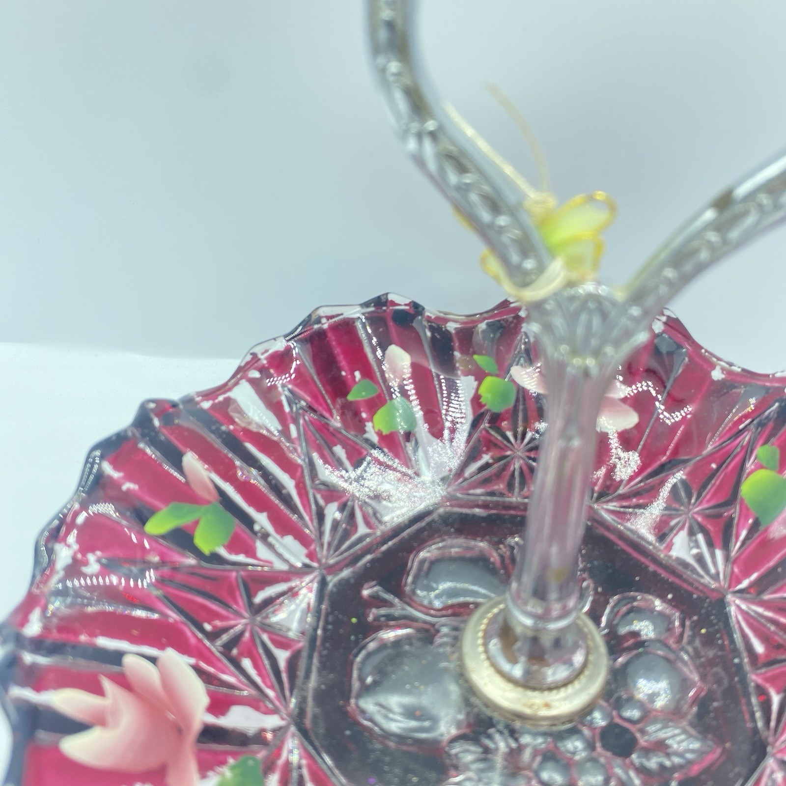 Opalescent Cranberry Glass Brides Basket Silver Plate Stand Floral