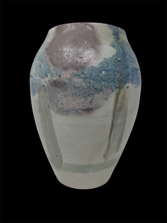 Beautiful Studio art pottery vase abstract trees with sun 7 inches tall 5″ dia