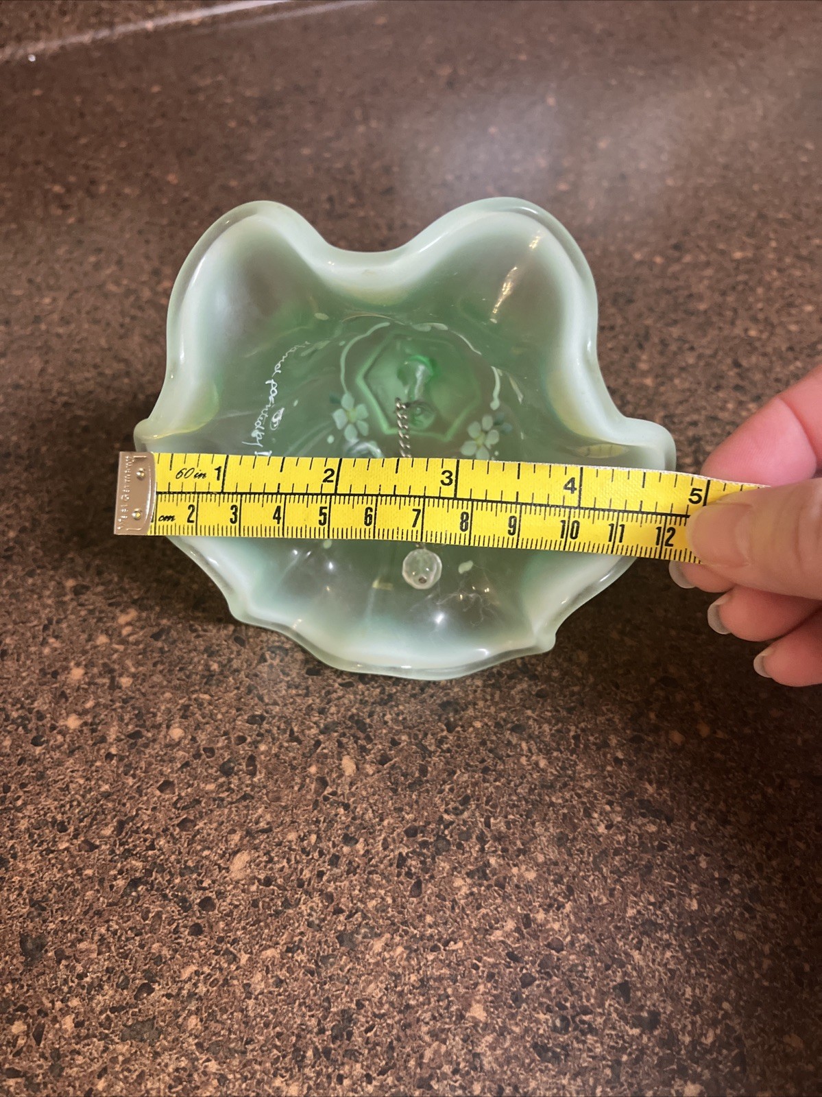 Fenton Dotted Swiss Willow Green Opalescent Satin Bell Signed 6”