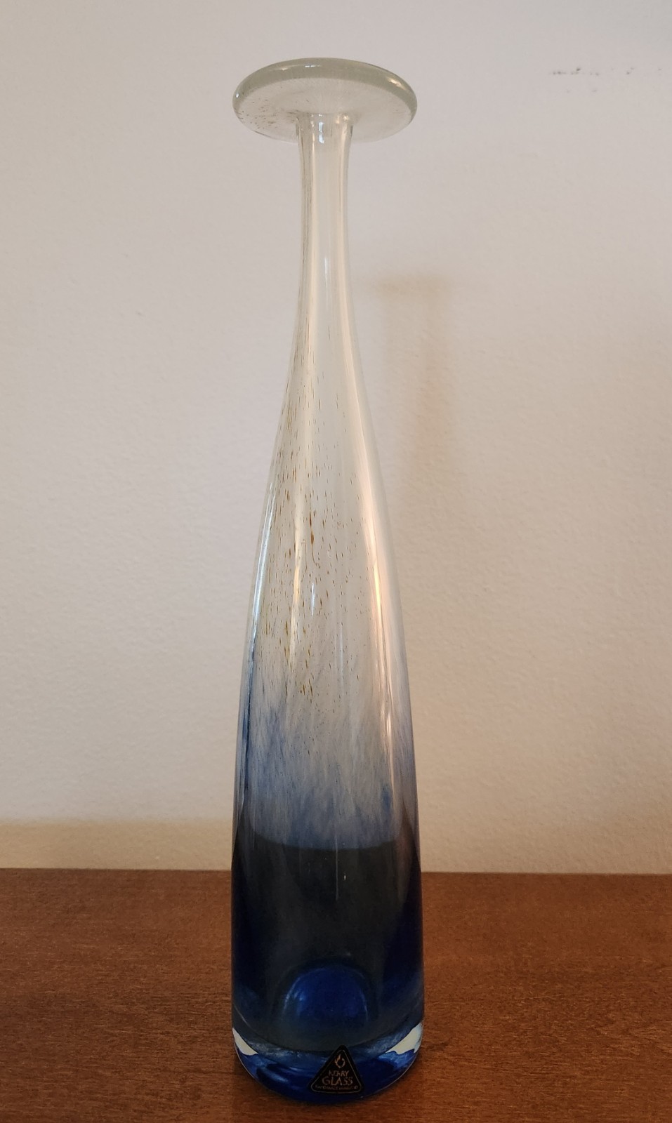 Vintage Kerry Glass Aurene Bottle Vase in Attenuated Form 12″ Blue/White Ireland