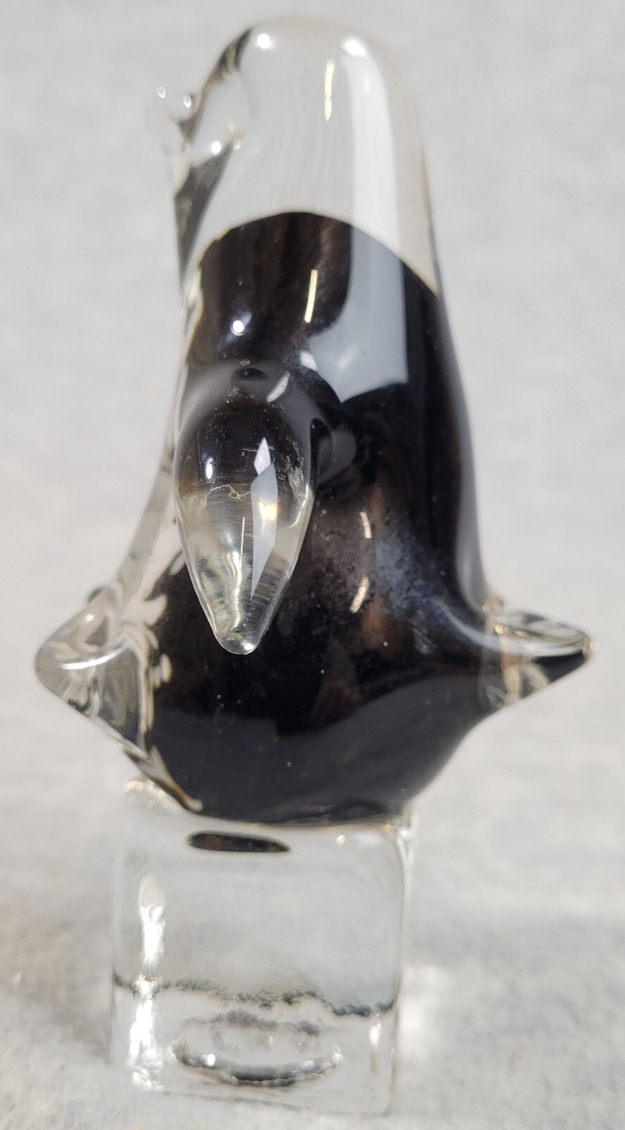 Joe Rice 2011 Penguin On Ice Cube Paperweight Art Glass 5 1/2″ Black/White/Clear