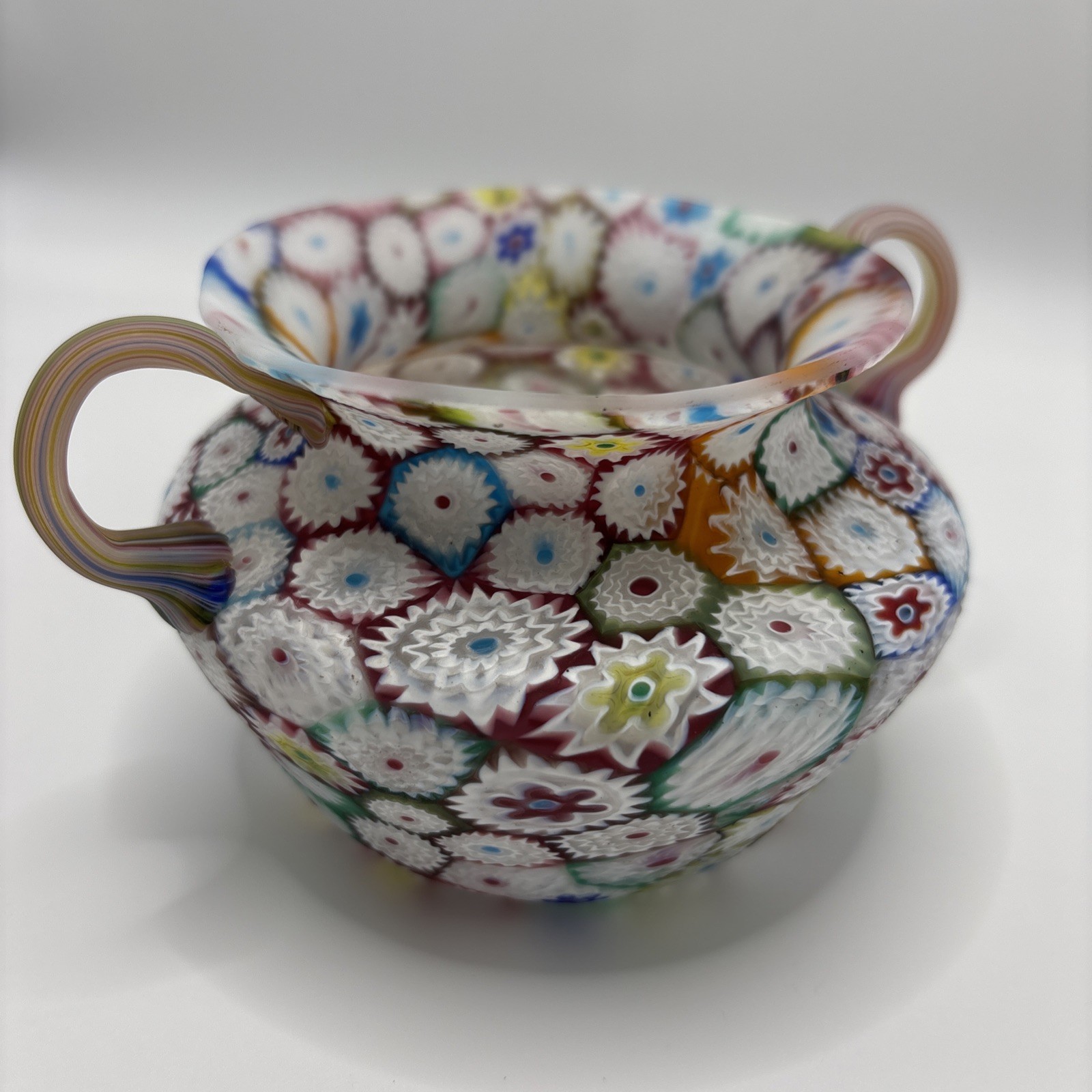 Vintage Murano Millefiori Art Glass Double Handled Vase Fratelli Toso Style 4”