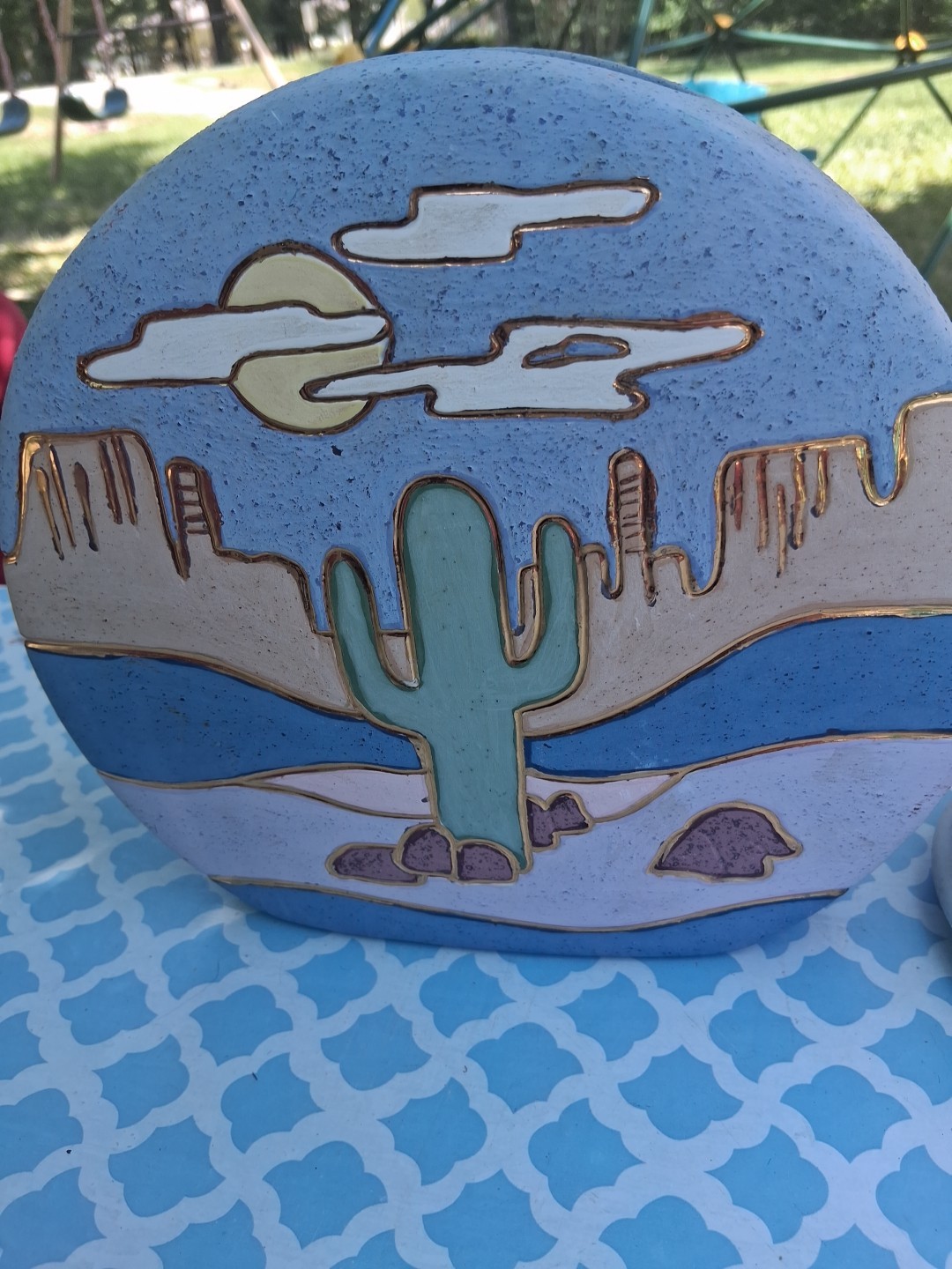 Vtg 90s Southwest Pottery Vase Desert Cactus Lot Of 2 Pastel Gold Trim Ceramic