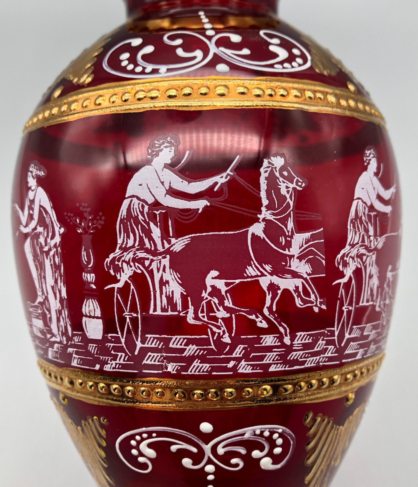 Vintage Salviati Murano Venetian Red Art Glass Vase Gold White Horse Chariots