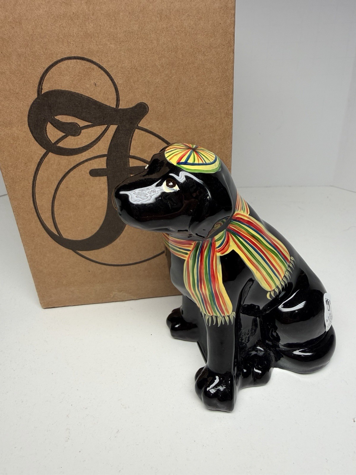 Fenton Black Labrador Lab Dog w/ Scarf & Hat Figurine Glass Hand Painted W/Box