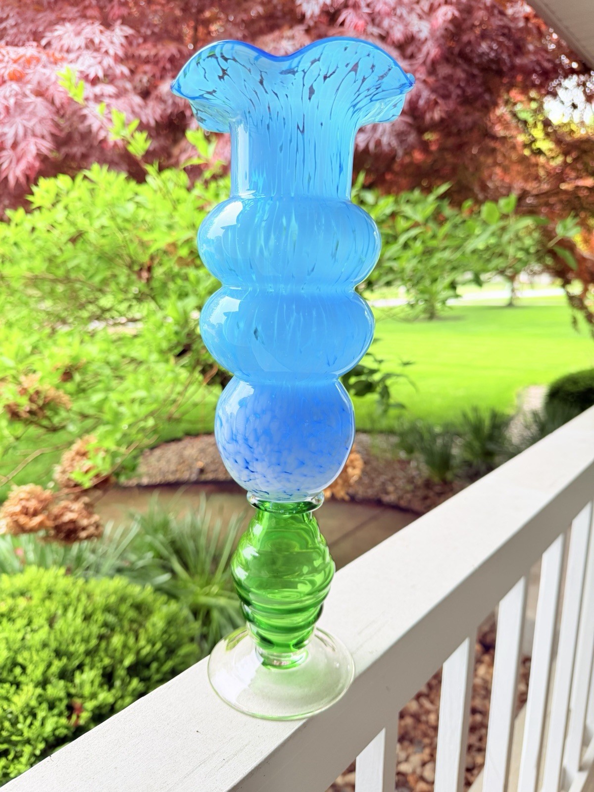 Italian Art Glass Vase 14” Blue White Spatter Green Base Hand Blown MCM