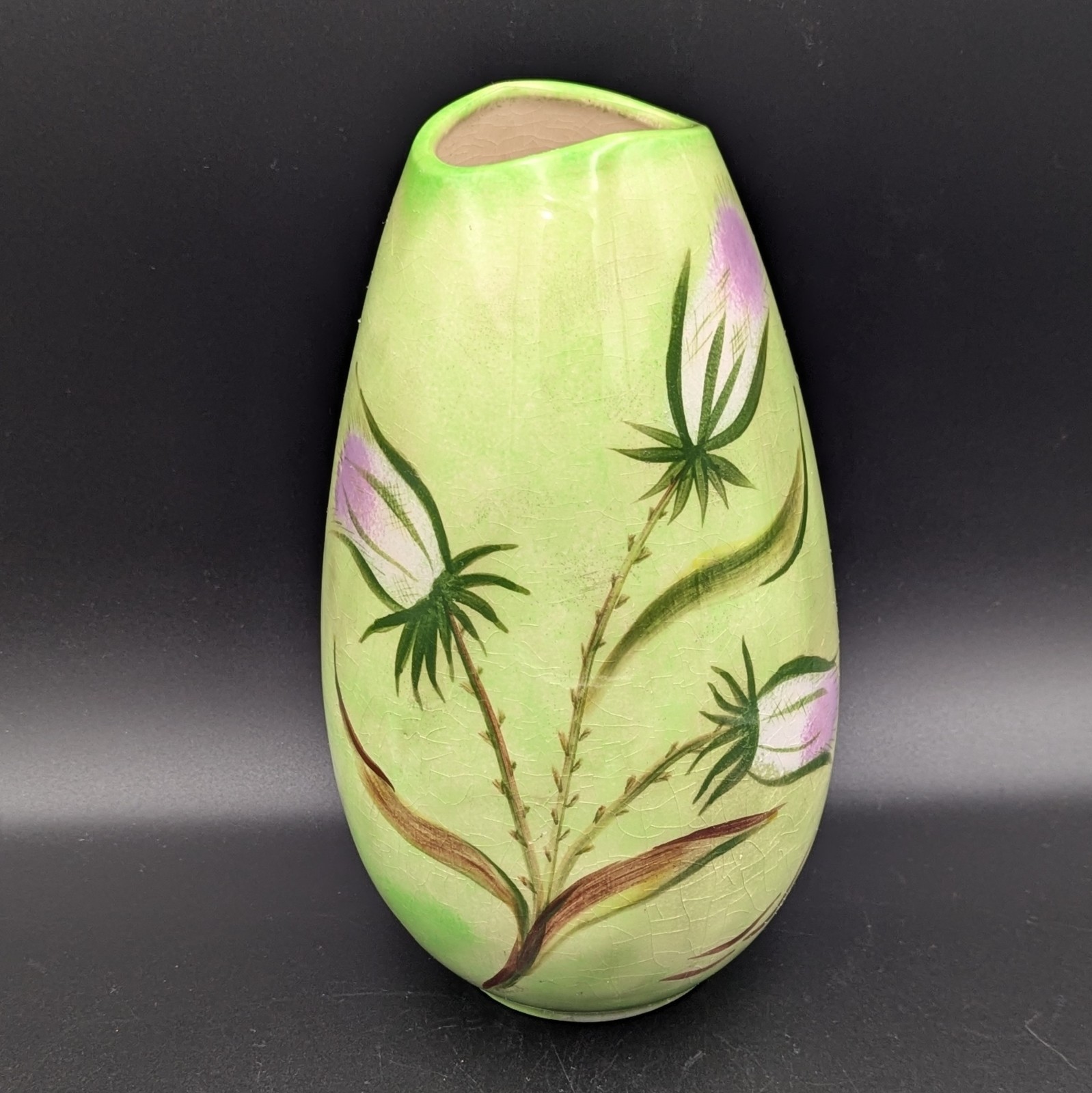 Vase Hand Painted Thistle Flowers Holland Mold Pottery MCM Vintage Ceramic 10″