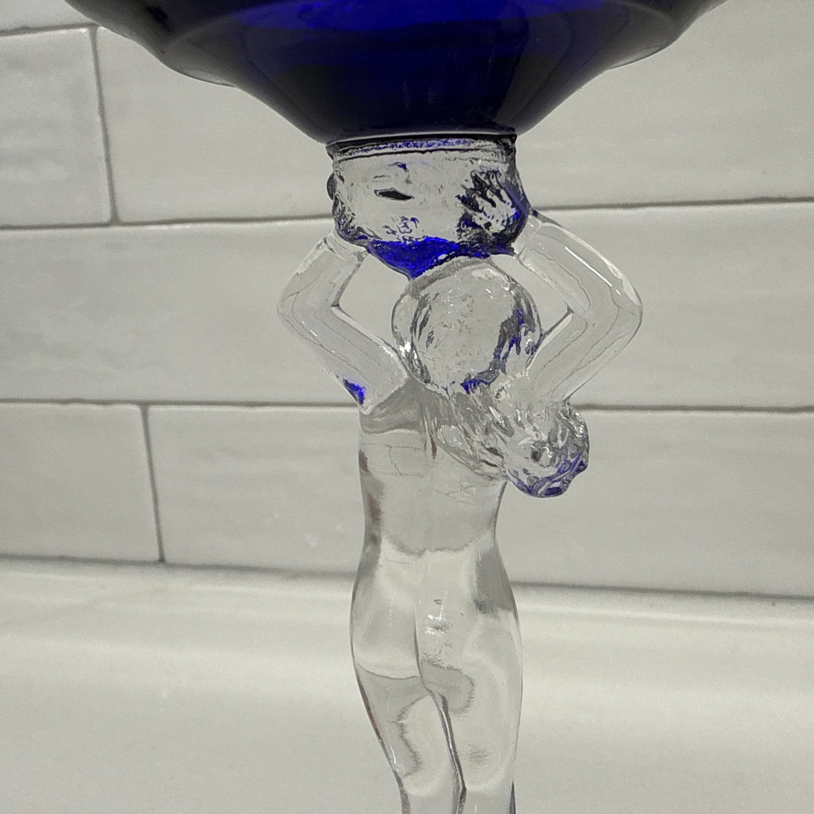 Vintage Cambridge Glass 3011 Statuesque Nude Figural Ashtray Compote Royal Blue
