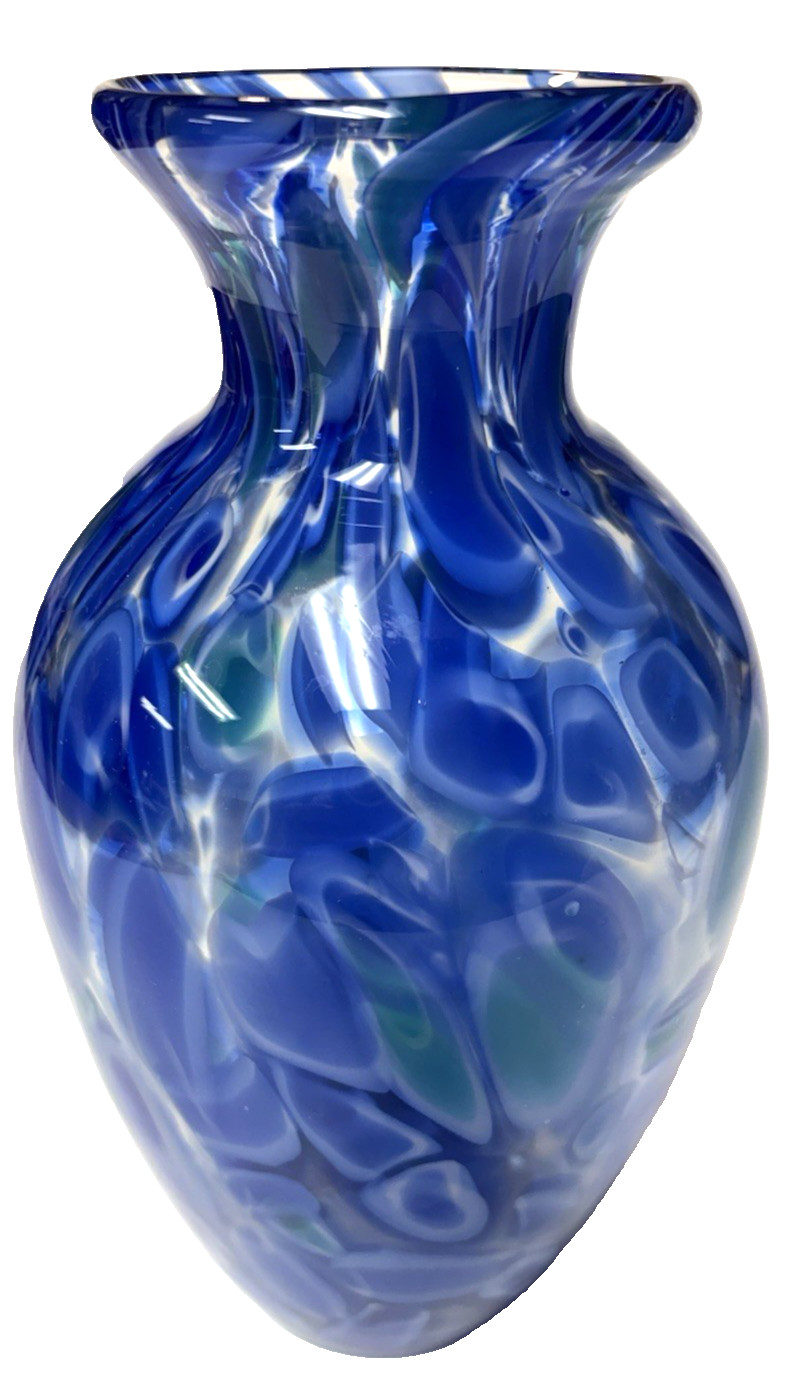 Studio Art Glass Vase Hand Blown Blue White Clear Abstract Stretch Design 10×5″