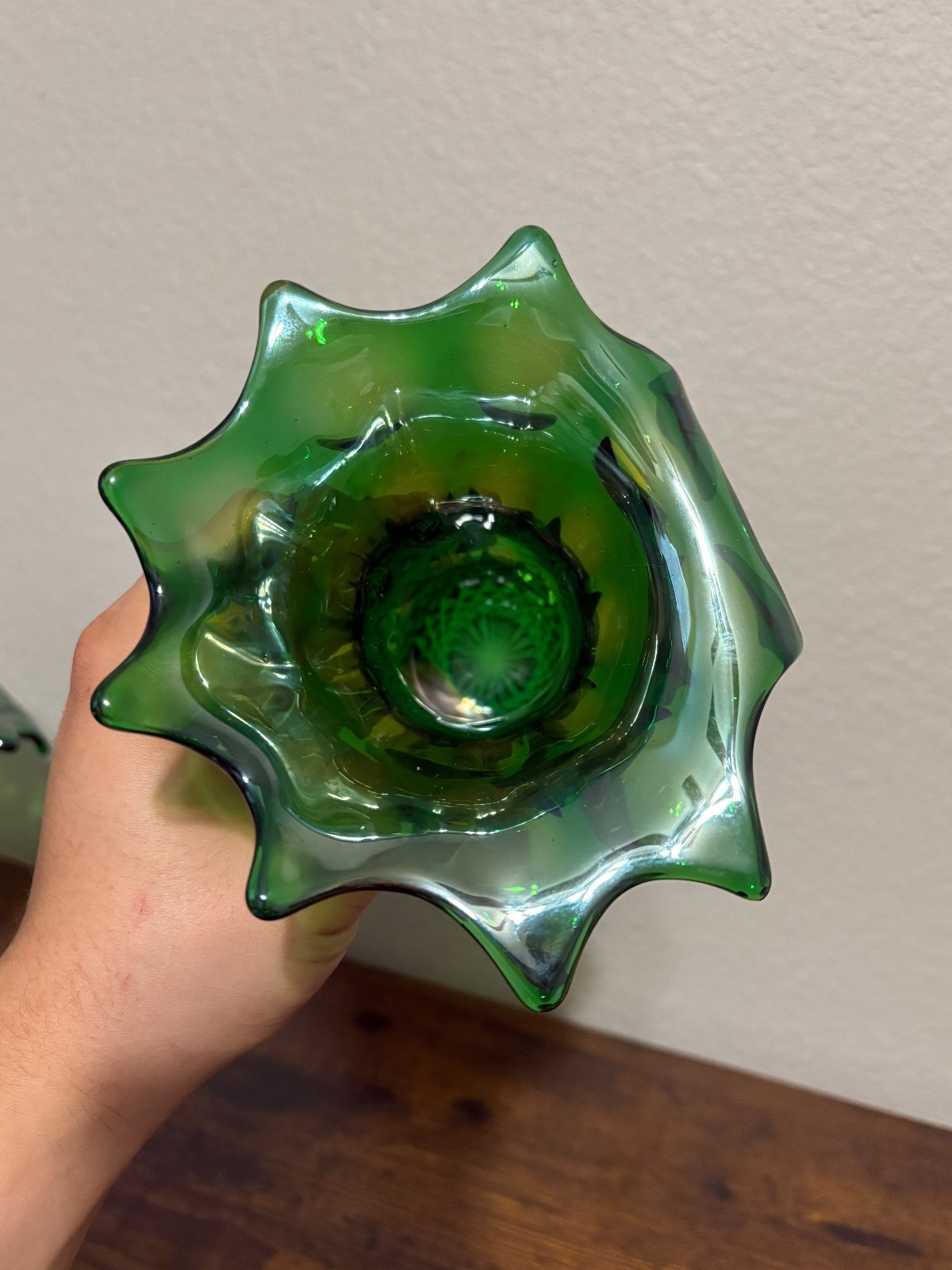 PAIR Of ANTIQUE FENTON Green Iridescent LONG THUMBPRINT Carnival Glass Vases