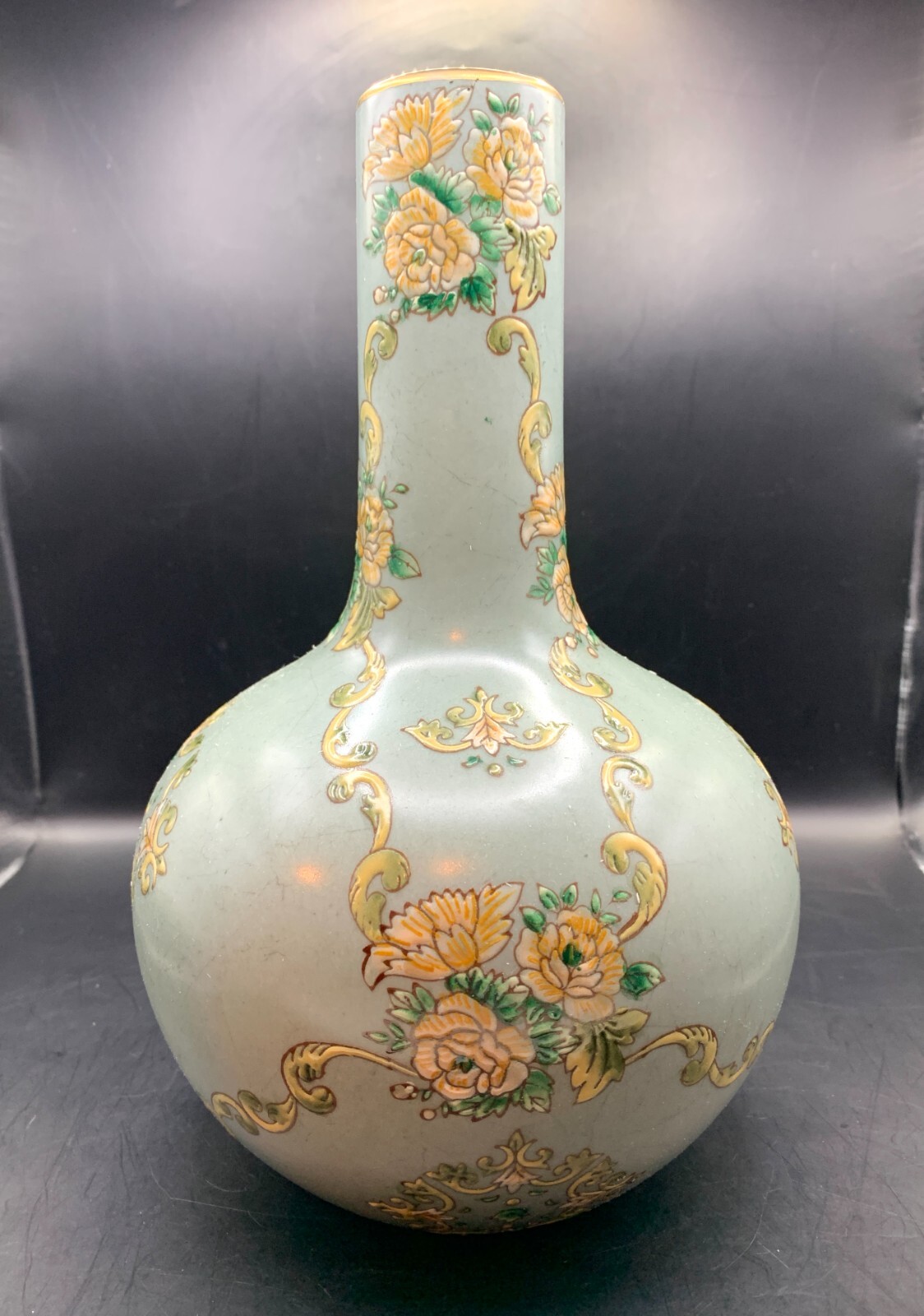 Porcelain Vase Celestial Sphere Hand Painted Celadon Chinese Vintage 10.25″ T