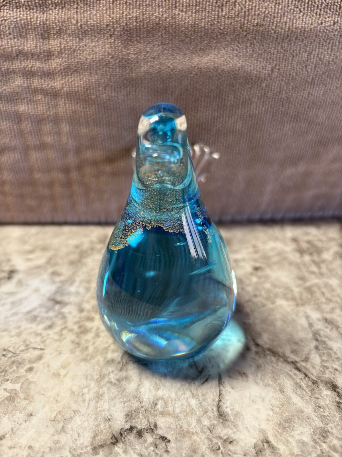 Clear and blue glass bird figure with gold flakes inside #B11