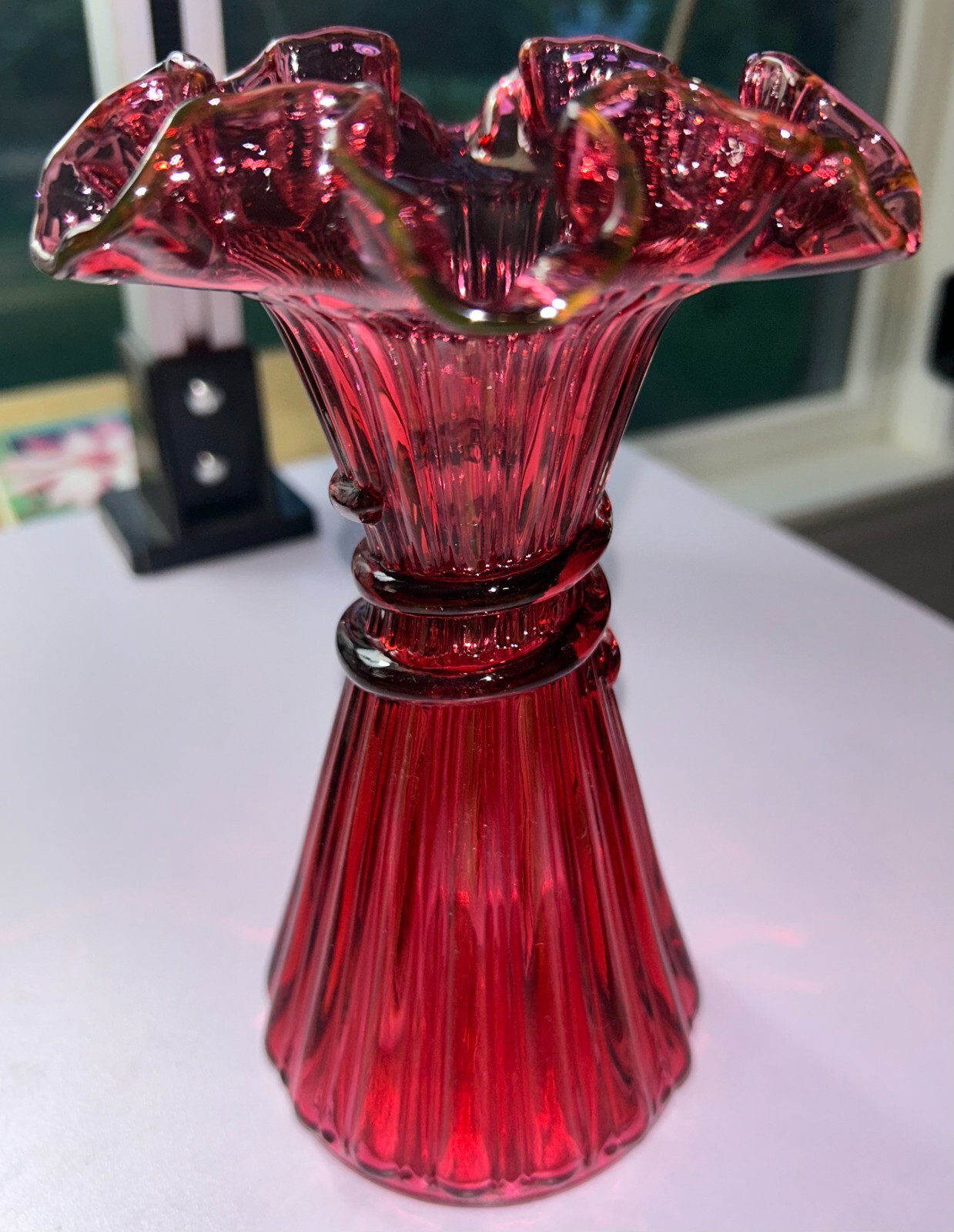 Vintage Fenton Cranberry Wheat Glass Vase 7 1/2 inches tall 3 1/2 inches wide