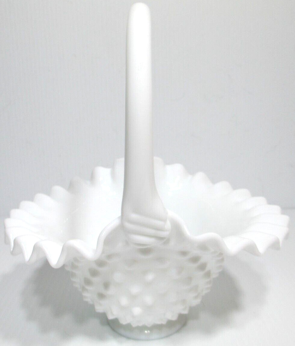 Vintage Fenton Glass Basket White Milk Glass Hobnail 7 7/8″ Tall #2