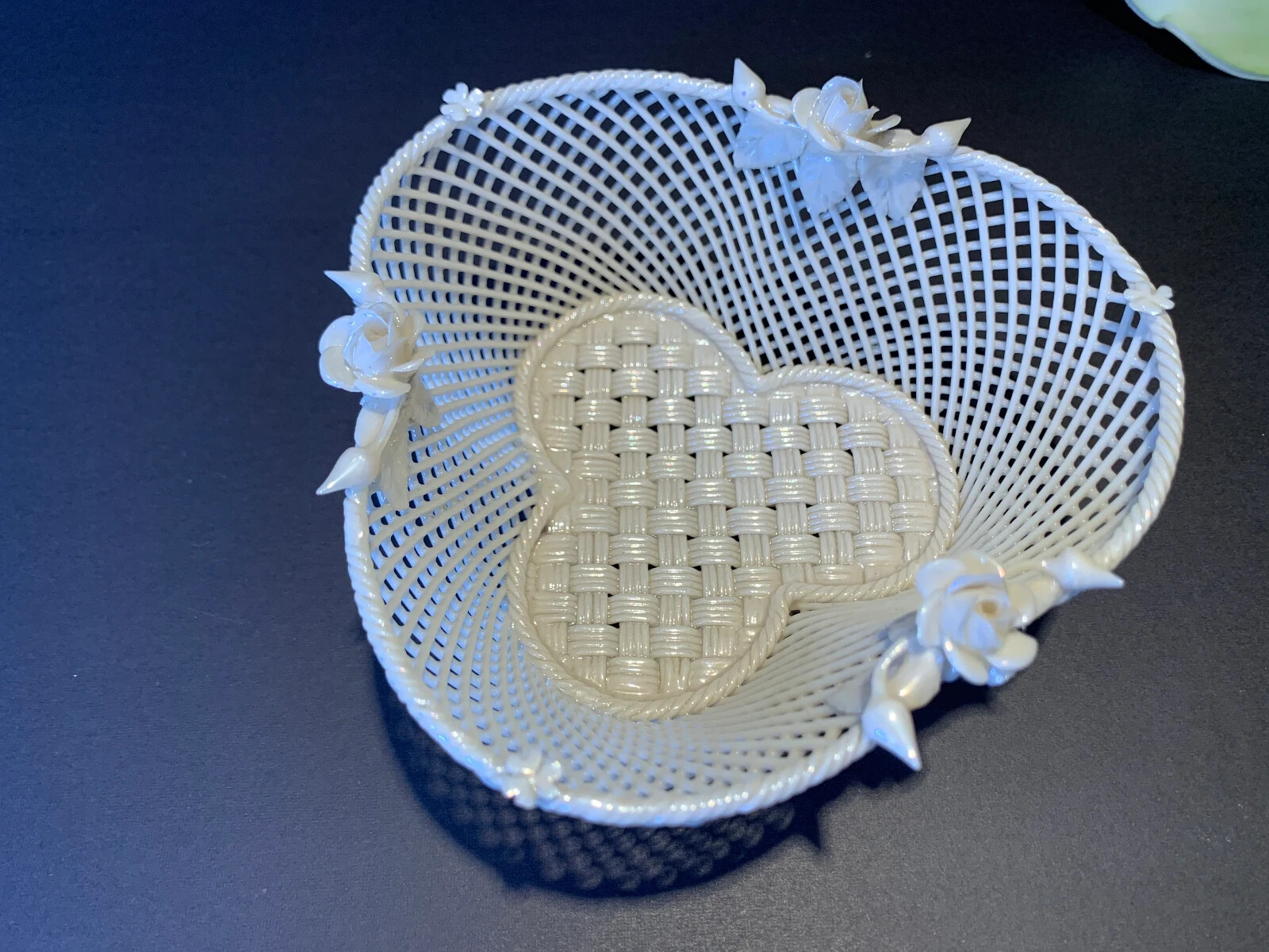 Antique Belleek Shamrock Roses & Buds Weave Basket-3rd Period -1920s – Ireland