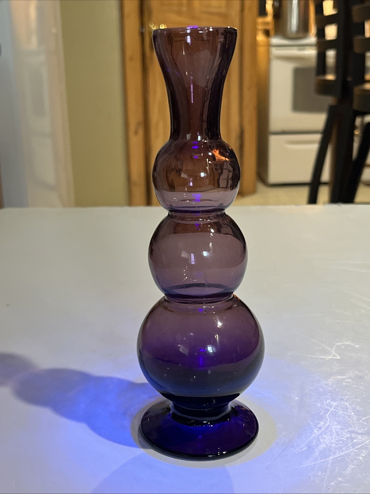 Hand Blown Purple Amethyst Glass Vase Round Triple Gourd MCM Vintage 8.5″ Footed