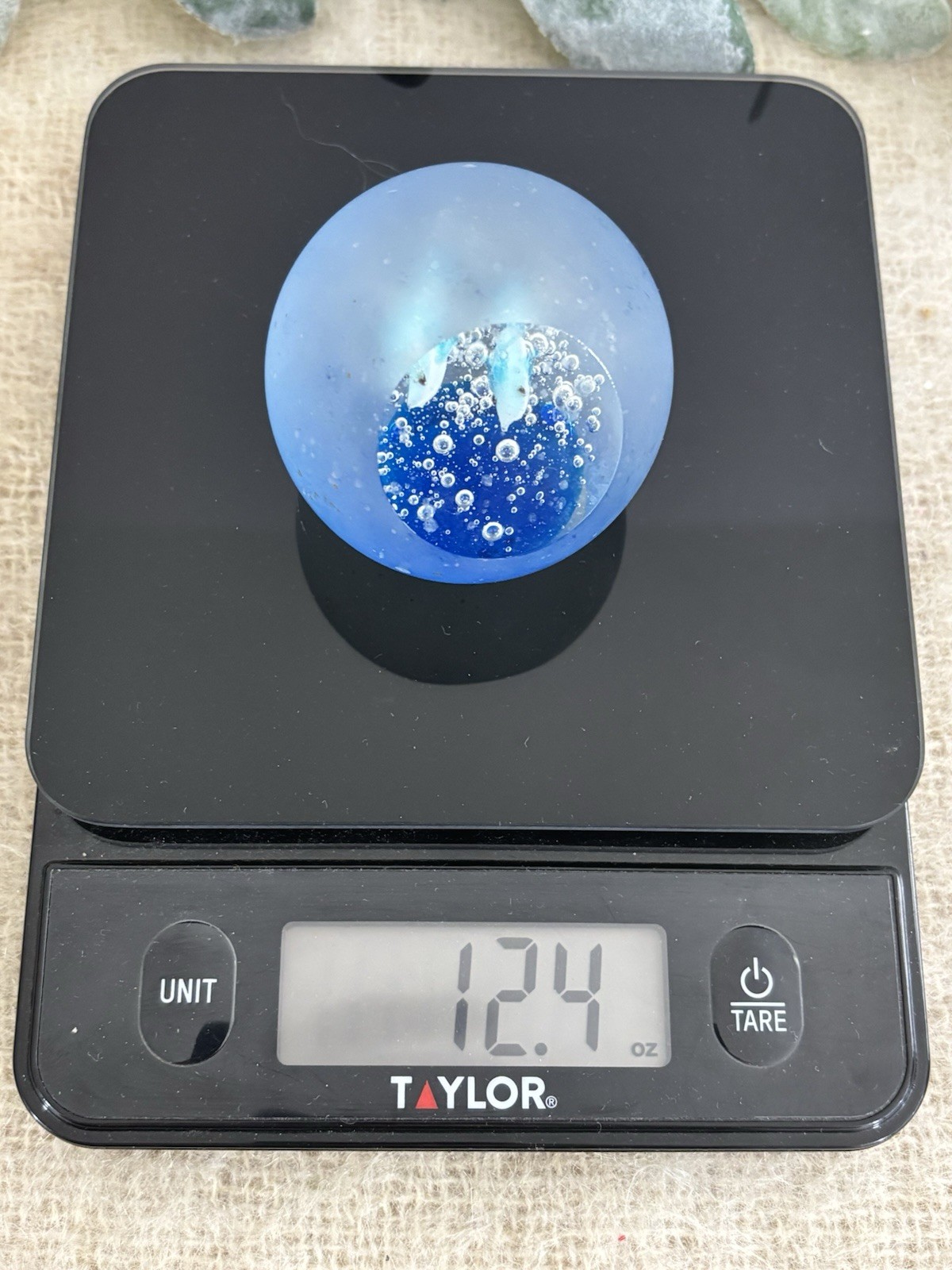 Round Paperweight Frosted Blue Fish Inside Bubbles Shelf Sitter Ocean Water