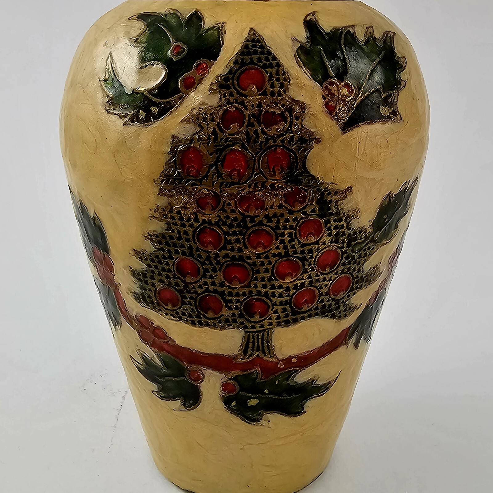 Vintage Cloisonne Christmas Vase Enamel Finish Brass India Holly Tree 8″t