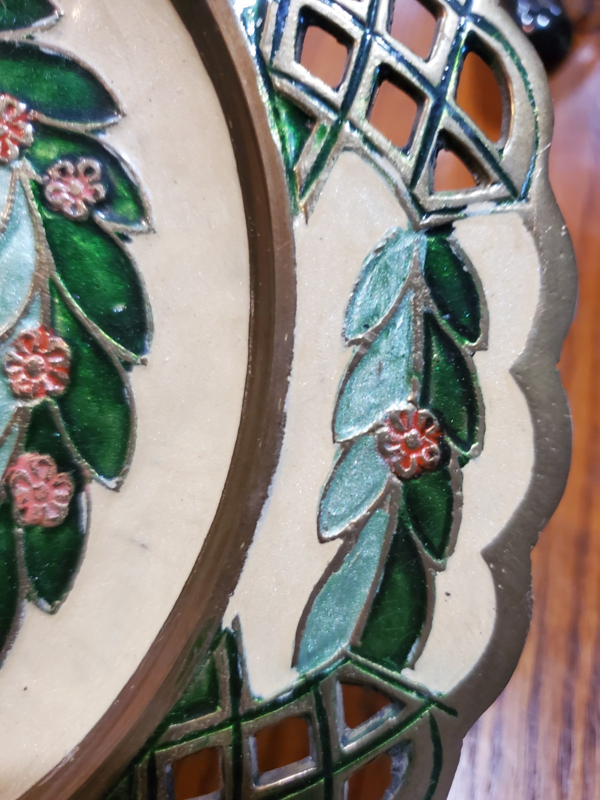 Cloisonné Brass Wall Hanging Plate w/Enameled Floral & Wreath Design