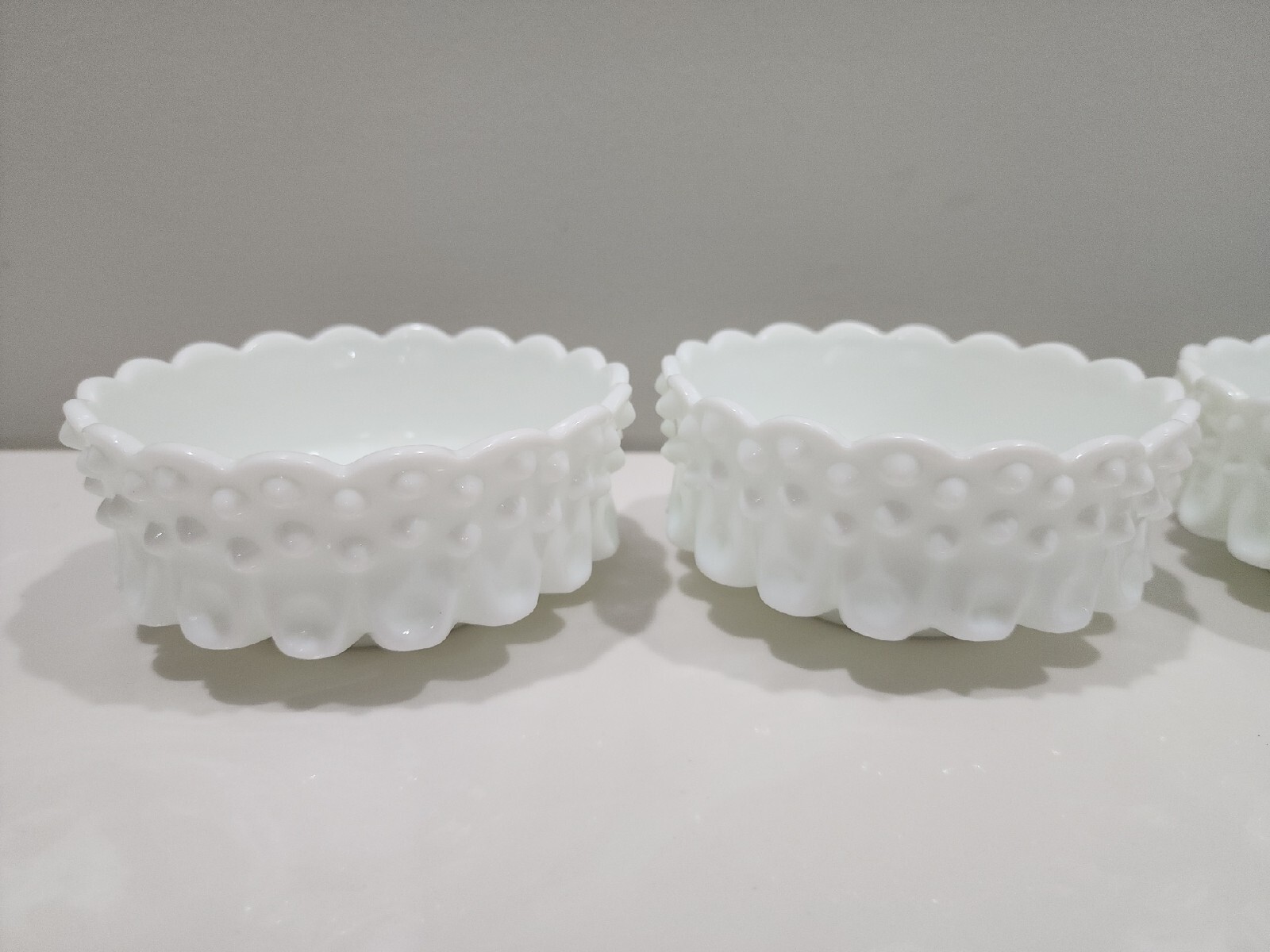 FENTON WHITE MILK GLASS HOBNAIL BOWL CANDLE HOLDERS ~ 4 PC Lot ~ PERFECT!