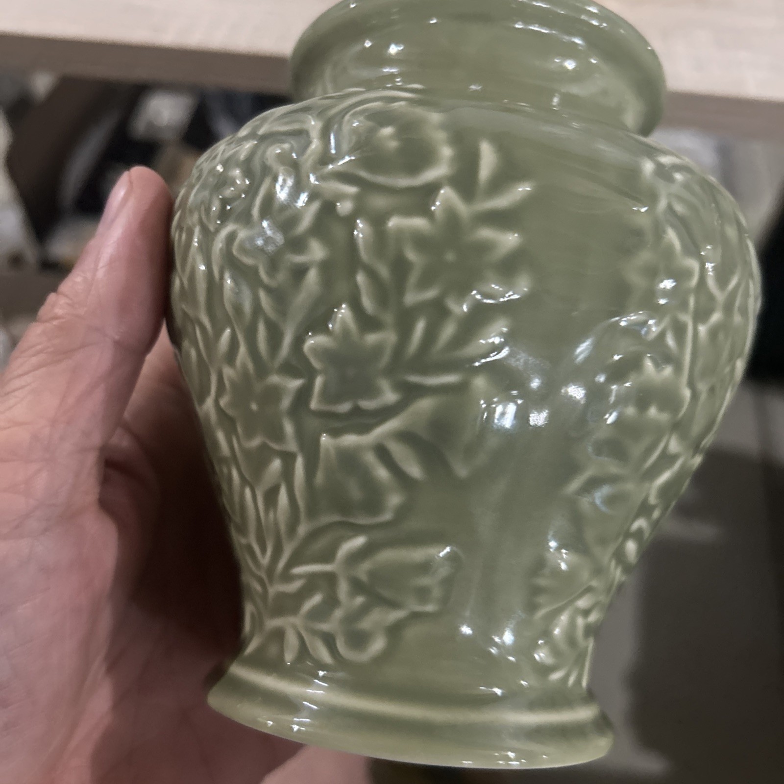 Longaberger Pottery Sage Green Floral Embossed Vase USA Made 5 3/8” Tall