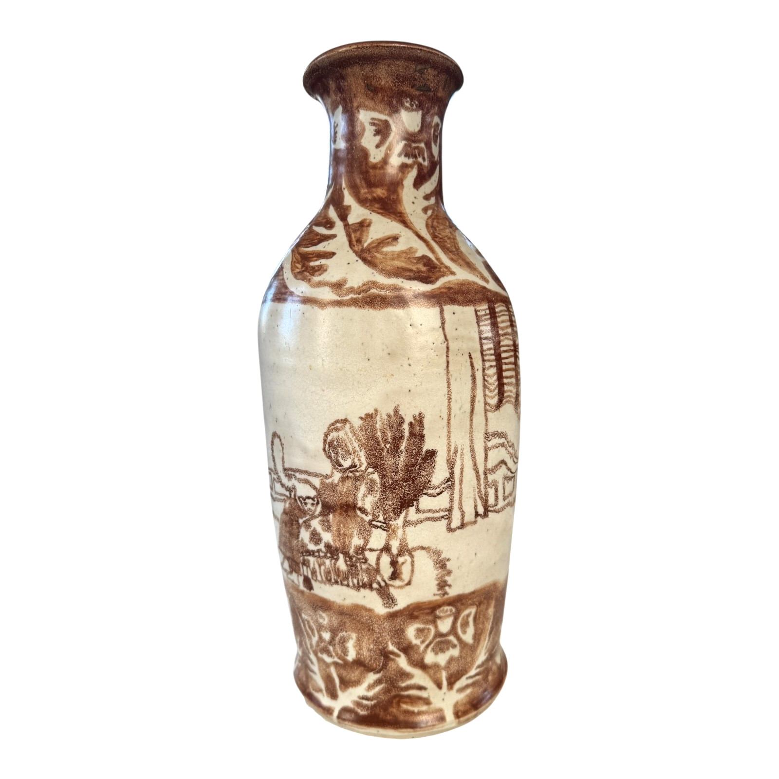 Vintage Tall Handmade Studio Art Pottery Stoneware Vase – Cream & Brown Glaze
