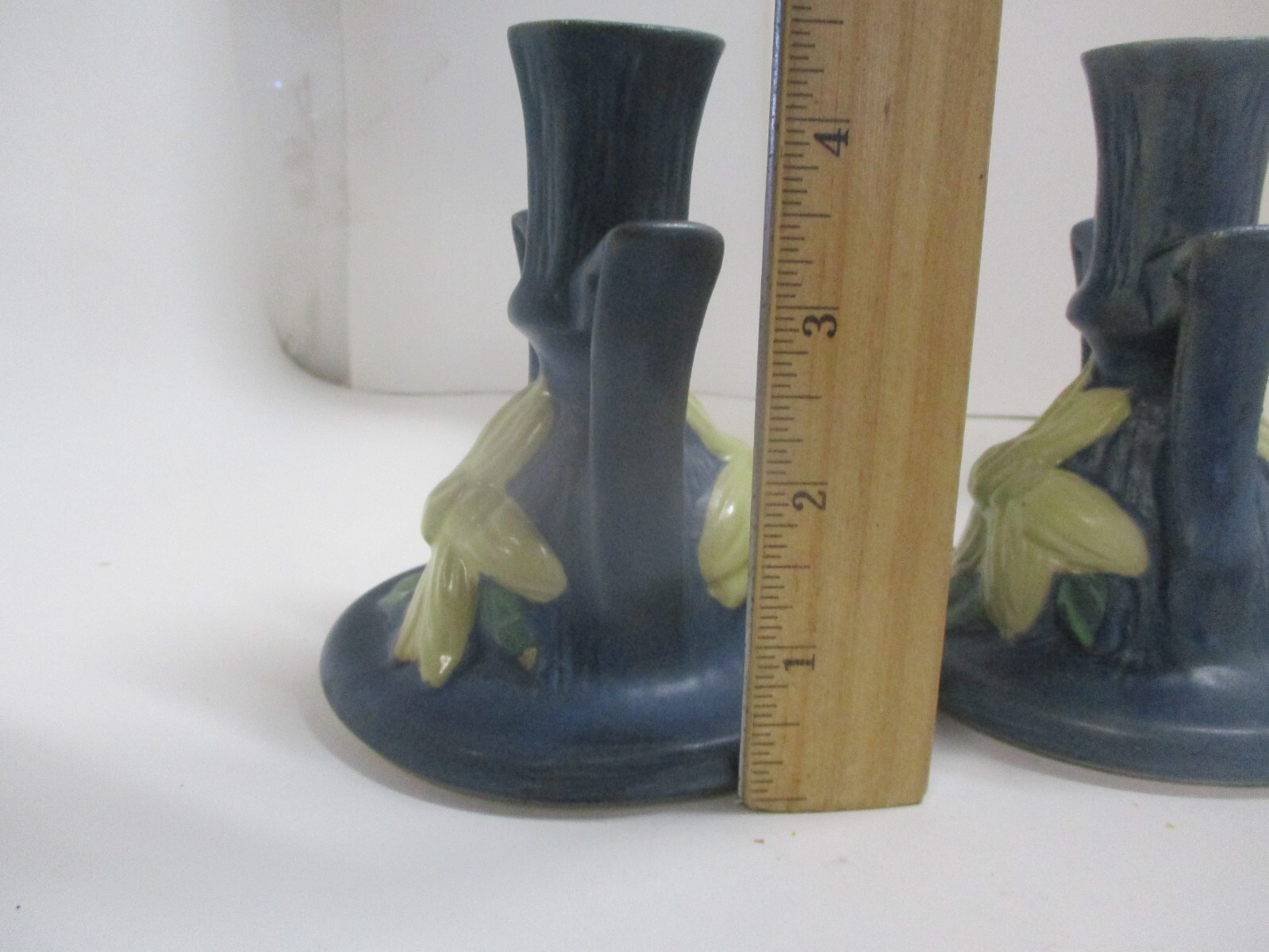 2 Repro Roseville Blue Clematis Candle Sticks Holders