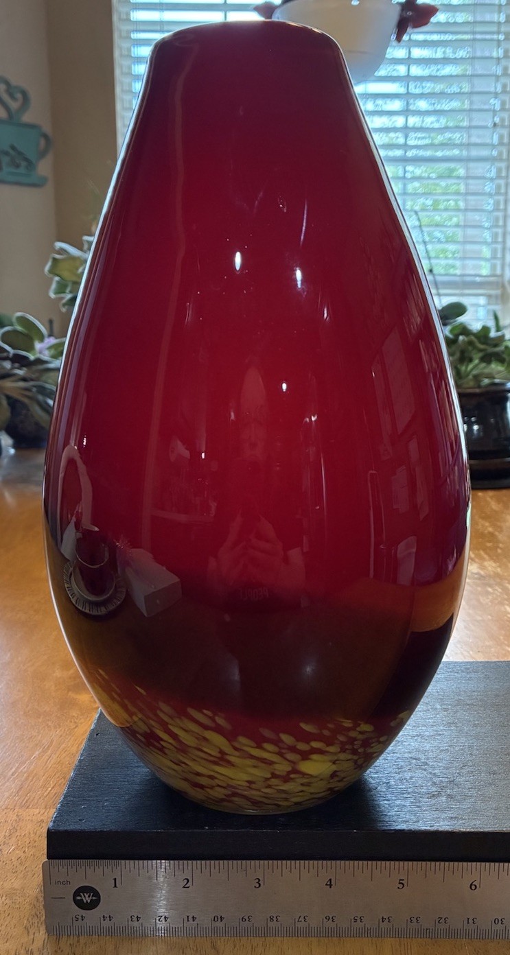 Red Black & Lime Green Art Glass Vase Made in China Medium Size