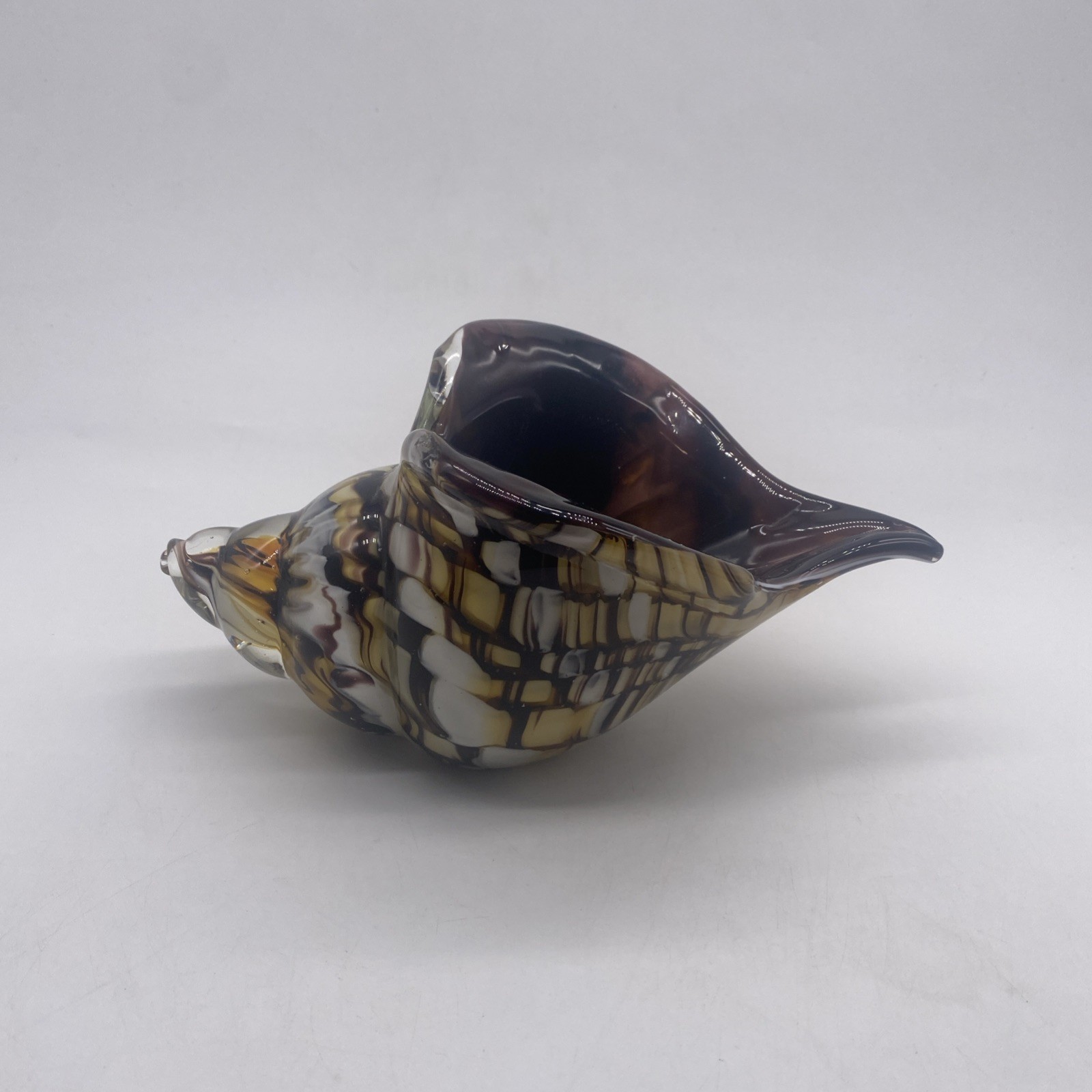 Murano Style Blown Art Glass Conch Shell Multicolor Yellow Brown White