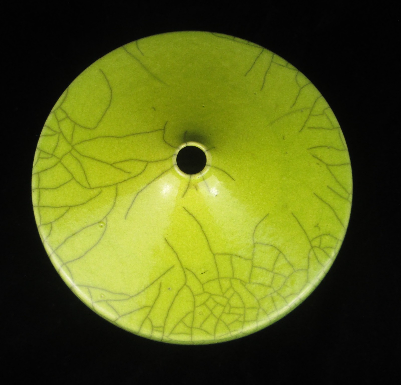 Pamela Summers Pottery Vase Crackle Raku Lime Green 3-3/4 in Tall 6in Diameter